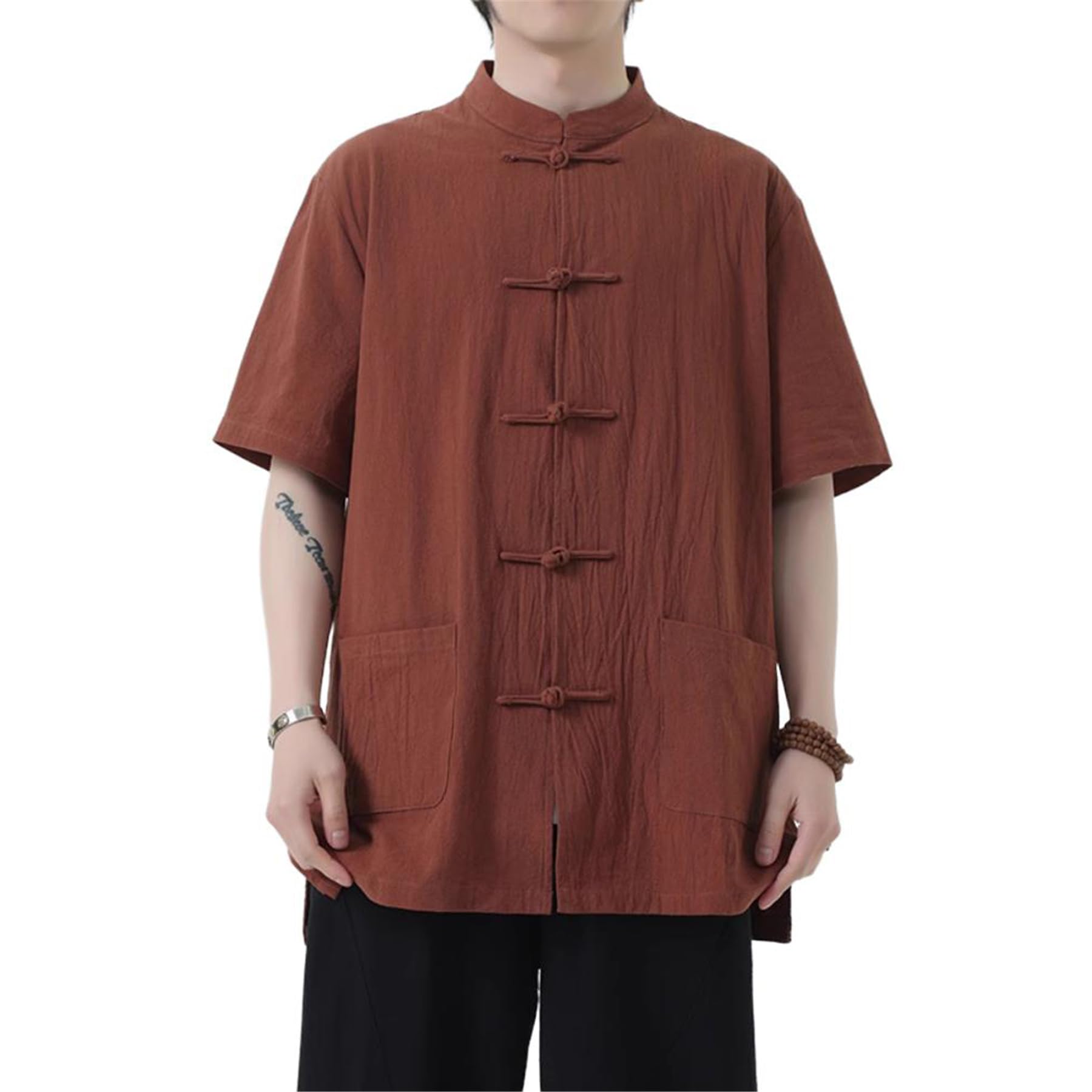 GUOYUXIAO Männer-Chino-Kurzarmhemd, traditioneller Stil mit Knopfdesign.