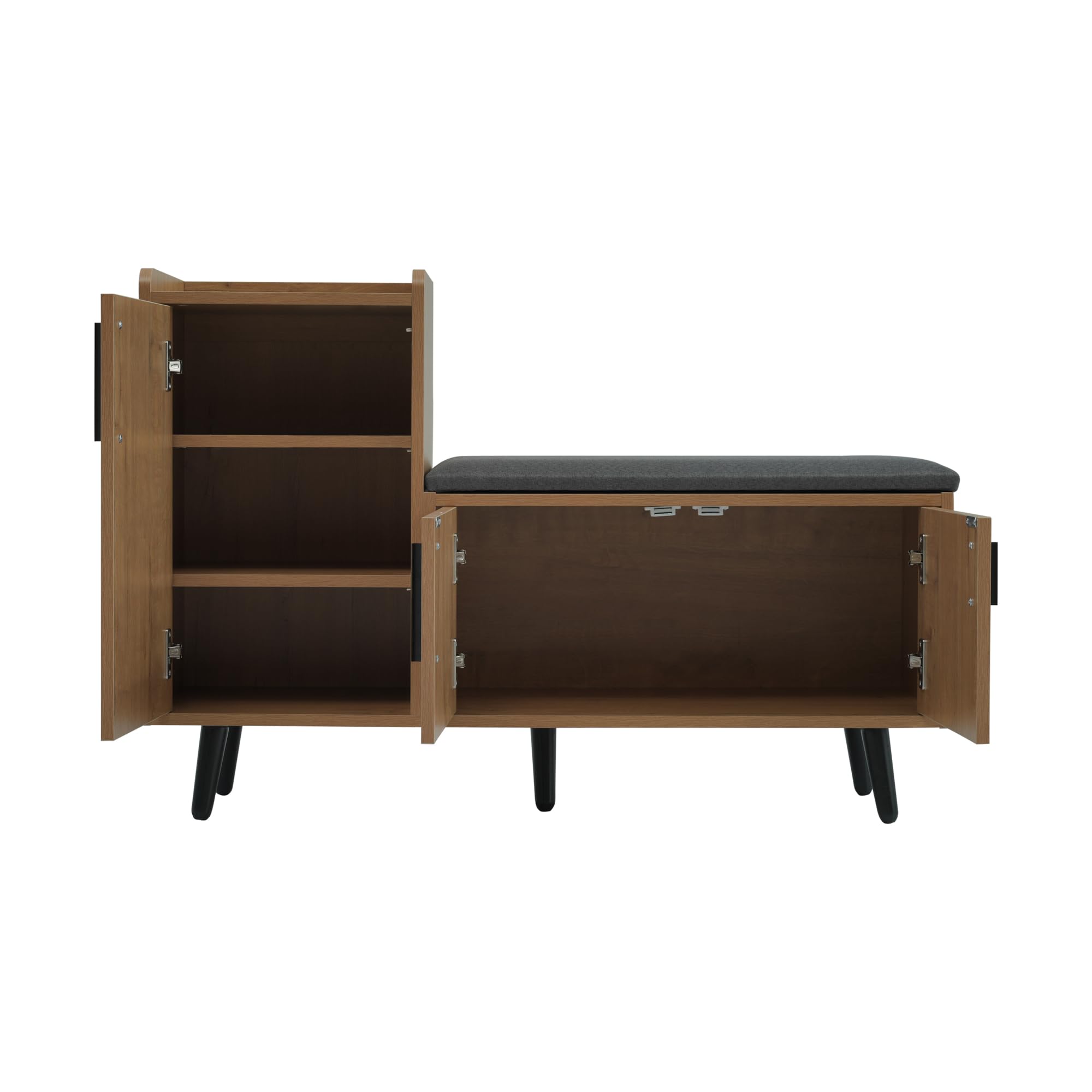 Zapatero moderno con tres puertas de almacenamiento, asas de metal asimétricas, varios niveles para almacenamiento, dimensiones B100/T34/H69 cm, natural