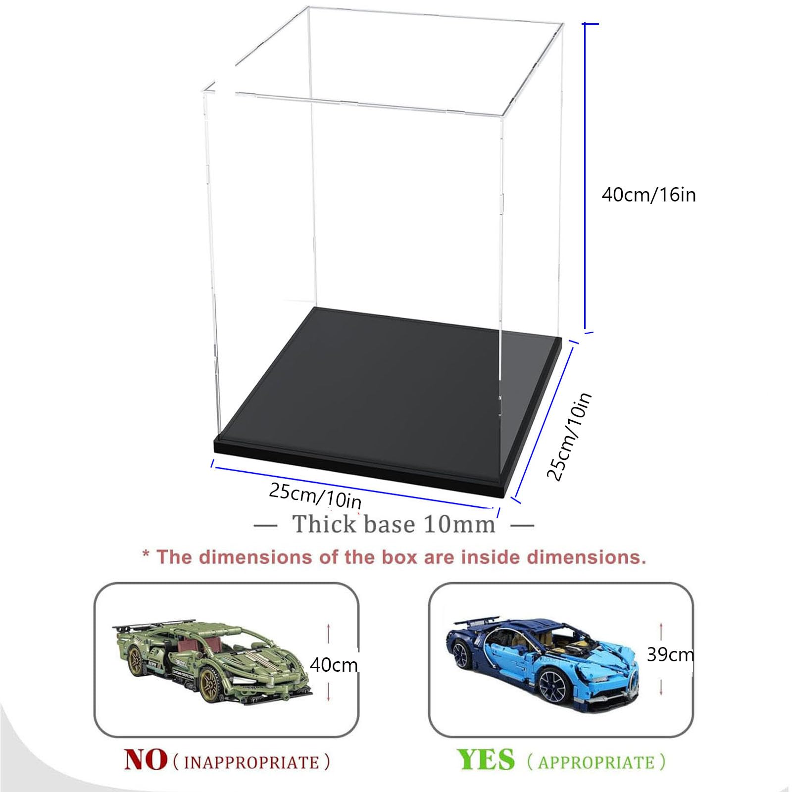 Caso de Pantalla de Acrílico Transparente Grueso de 3MM, Base Gruesa, a Prueba de Polvo, para Objetos de Colección, Lego 21349 75398 77072 43230(Negro, 25x25x40cm/10x10x16in)
