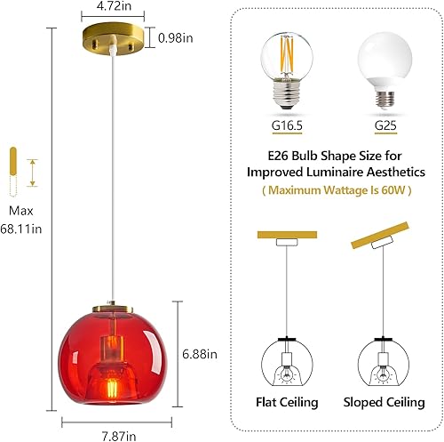 Miniatura 2 de Luces colgantes de cristal rojo para isla de cocina, lámpara colgante dorada, lámpara colgante de globo de vidrio, iluminación colgante moderna para
