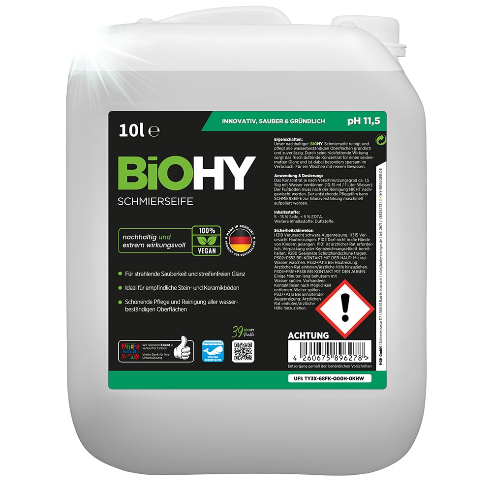 BiOHY Jabón lubricante (Bidón de 10 litros) | concentrado para suelos | Aplicable a todas las superficies delicadas | Caucho, linóleo, parqué, PVC, piedra (Schmierseife)