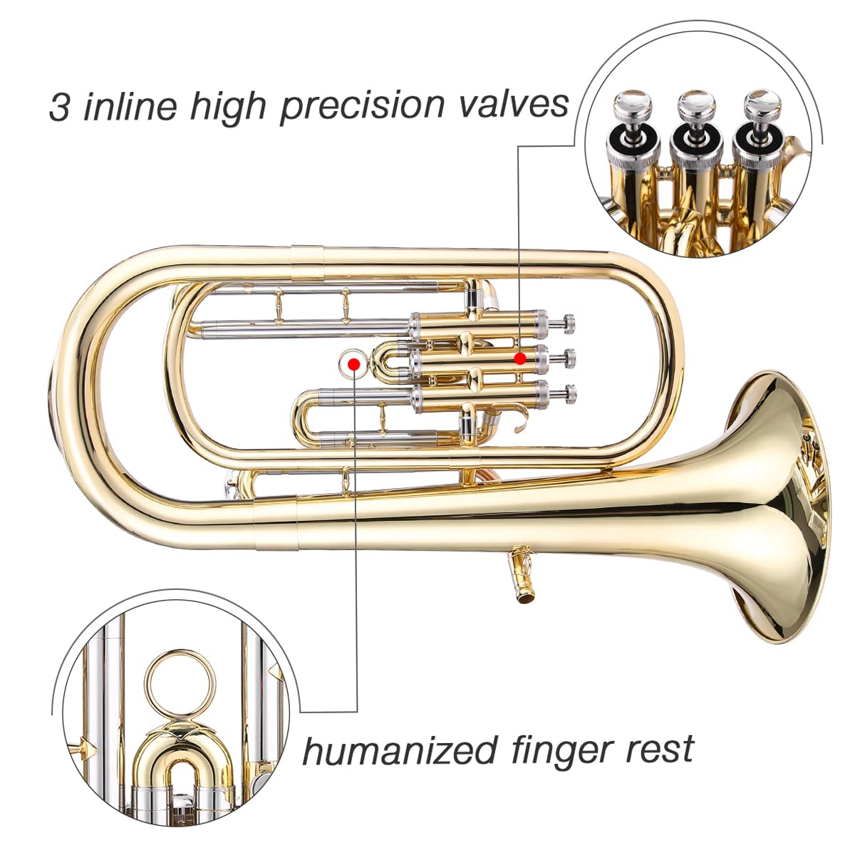 Btuty Barytonhorn Bb Brass Style Piston Goldlac-k Surface Instrument à vent avec gants, chiffon de nettoyage pour débutants
