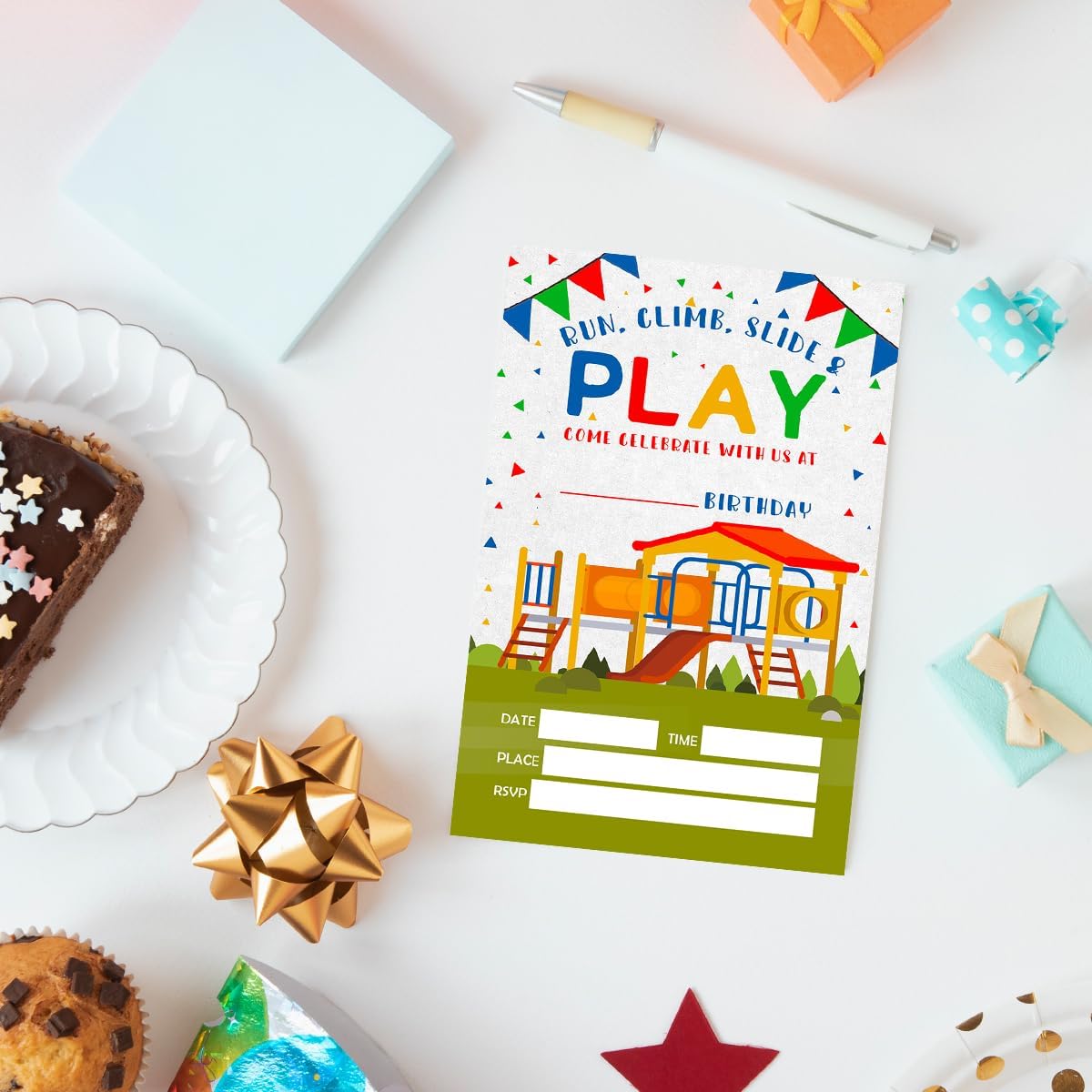 Birthday Invitations for Boy Kids Park with Envelopes, Invites for Birthday Party Playground, Outdoor Birthday Party Invite Cards, Run Climb Slide & Play, 4"x6" Set of 20