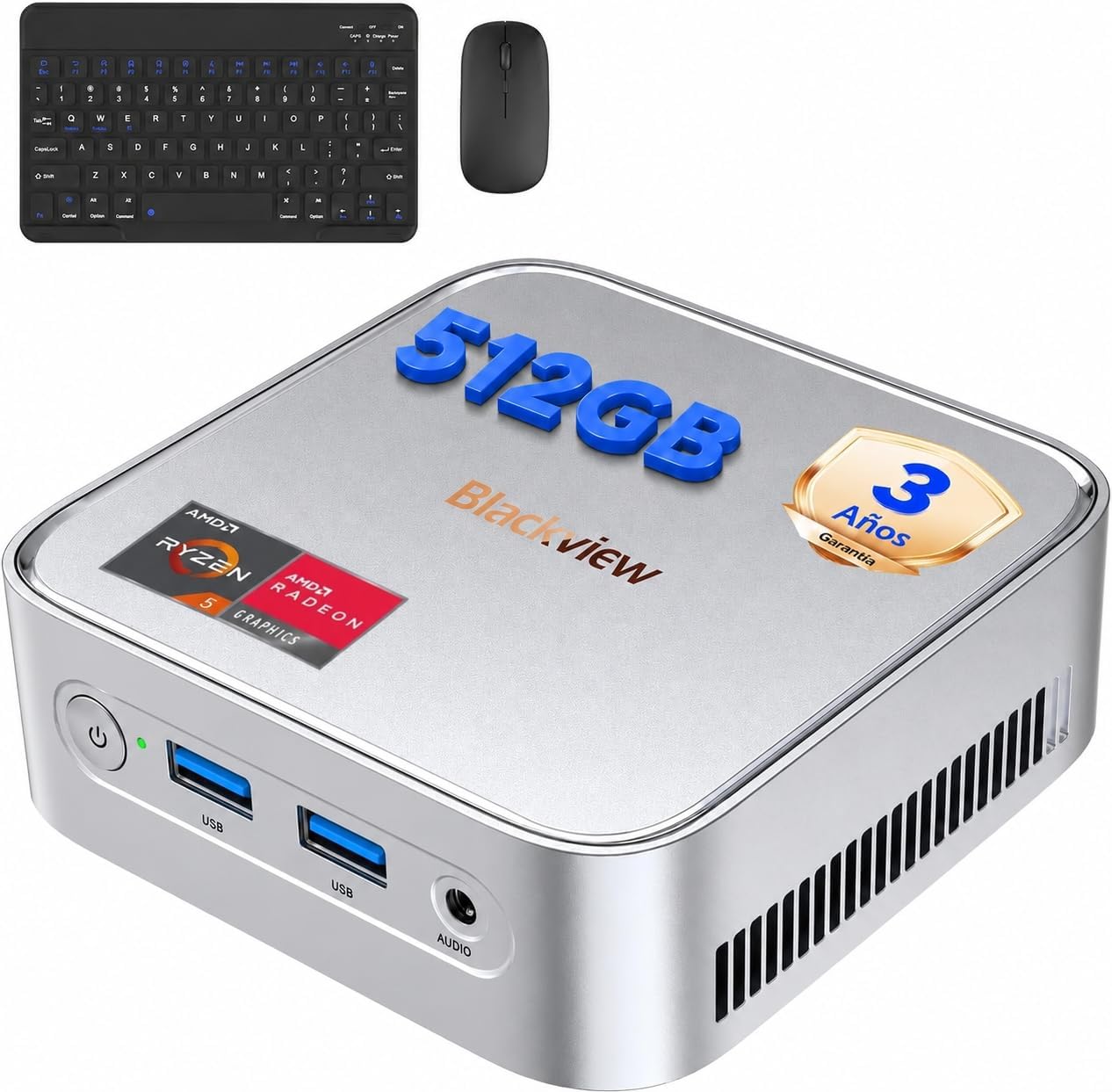 Mini PC Blackview MP50 plateado con AMD Ryzen 5, acompañado de teclado y ratón inalámbricos