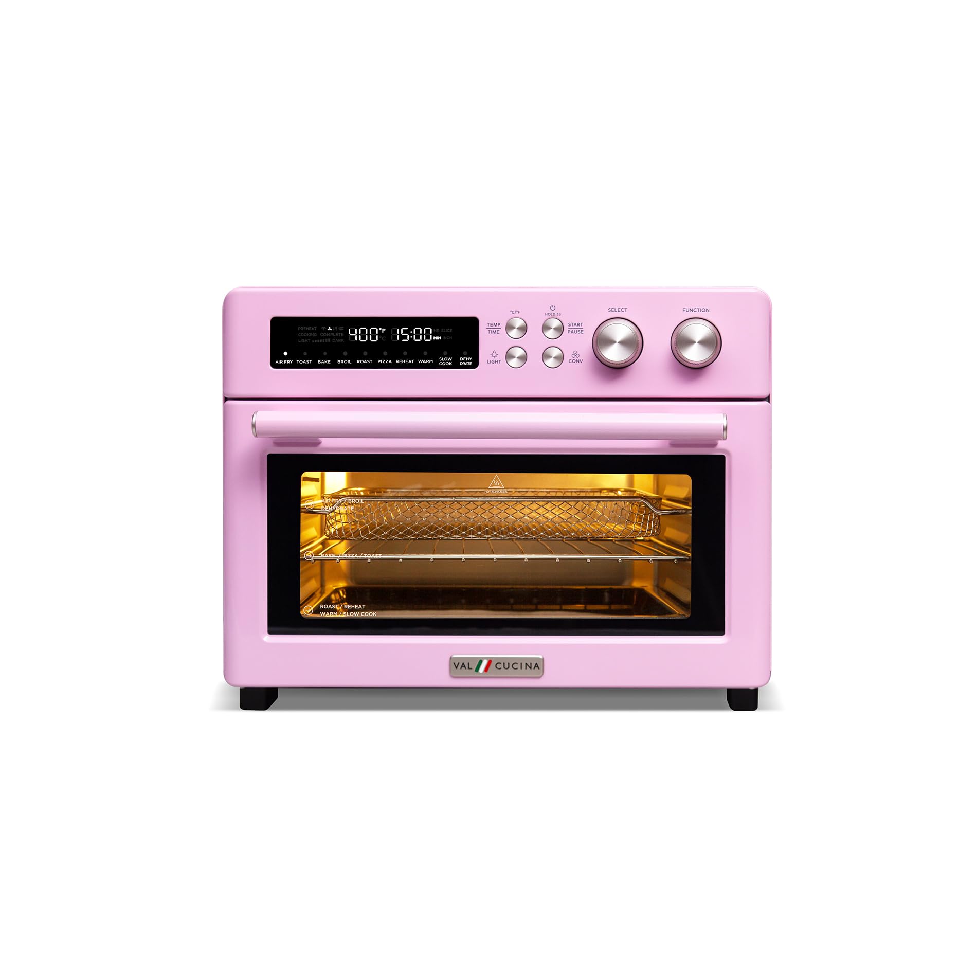 VAL CUCINA Retro Style Infrared Heating Air Fryer Toaster Oven, Extra Large Countertop Convection Oven 10-in-1 Combo, 6-Slice Toast, Enamel Baking Pan Easy Clean with Recipe Book, Classic Pink Color