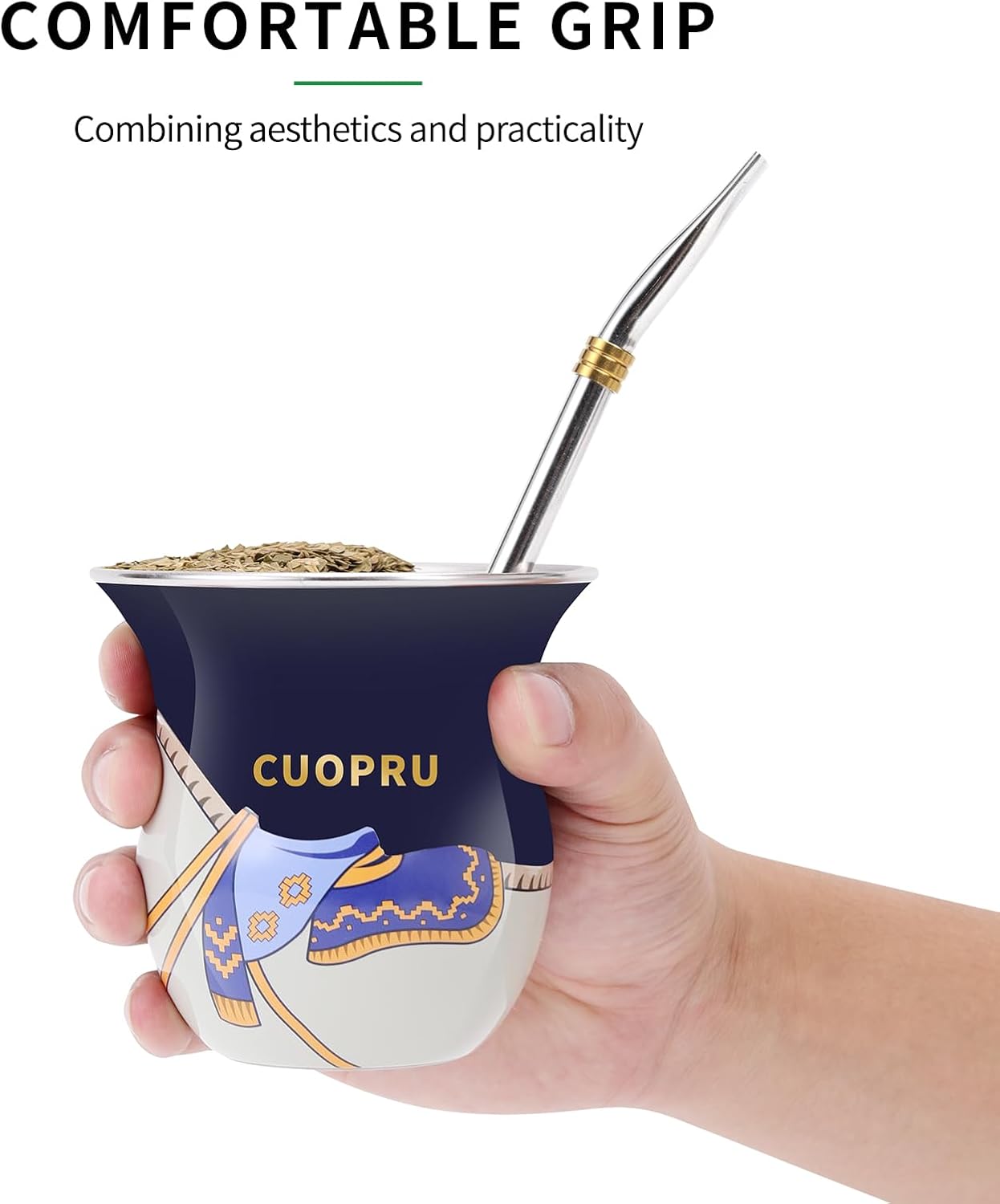 2025 Yerba Mate Cup with Bombillas Straw and Cleaning Brush Set, Gauchos Saddle Style, 200ml Wide Mouth Mate Gourd (Deep Blue) - Image 6