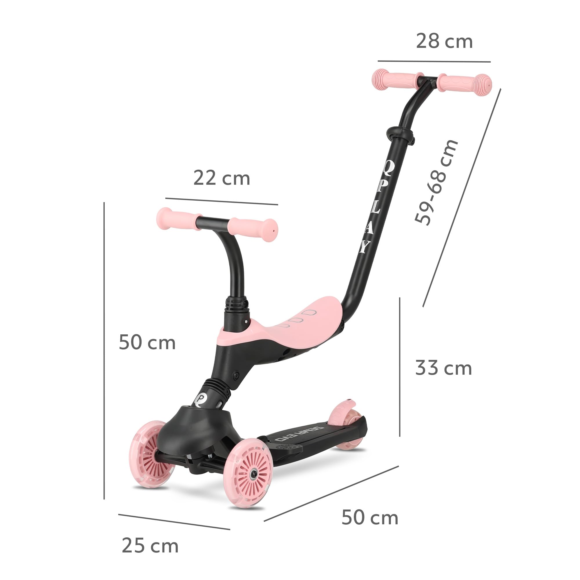 QPLAY Sema EVO Trottinette 6 en 1 avec siège, poignée de poussée, lumières LED sur roues et plateforme avec dynamo, de 1 à 6 ans, charge maximale de 50 kg, pliable