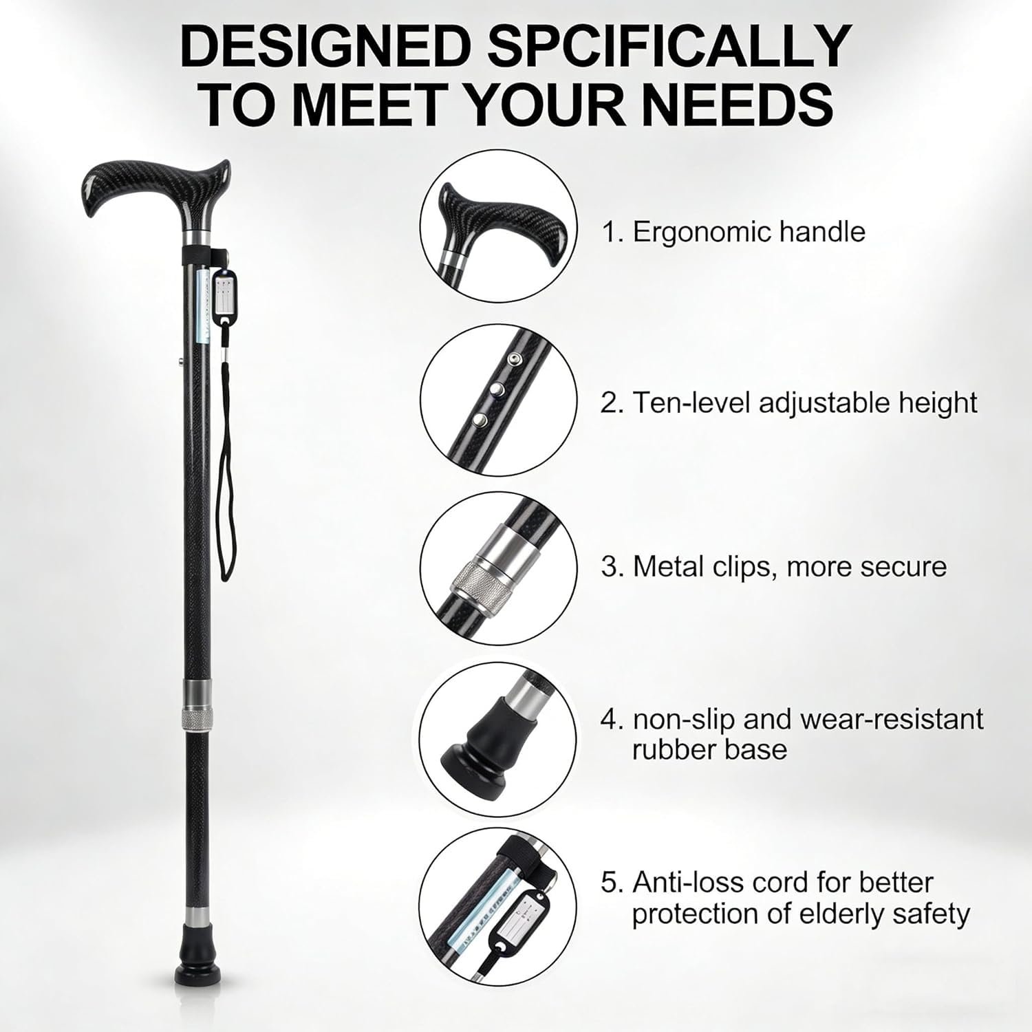 Bastón para Mayores, Altura Ajustable, Antideslizante, Base Ultraligera de 4 Patas, Muleta Adulto para Hombre y Mujer, Material de Fibra de Carbono