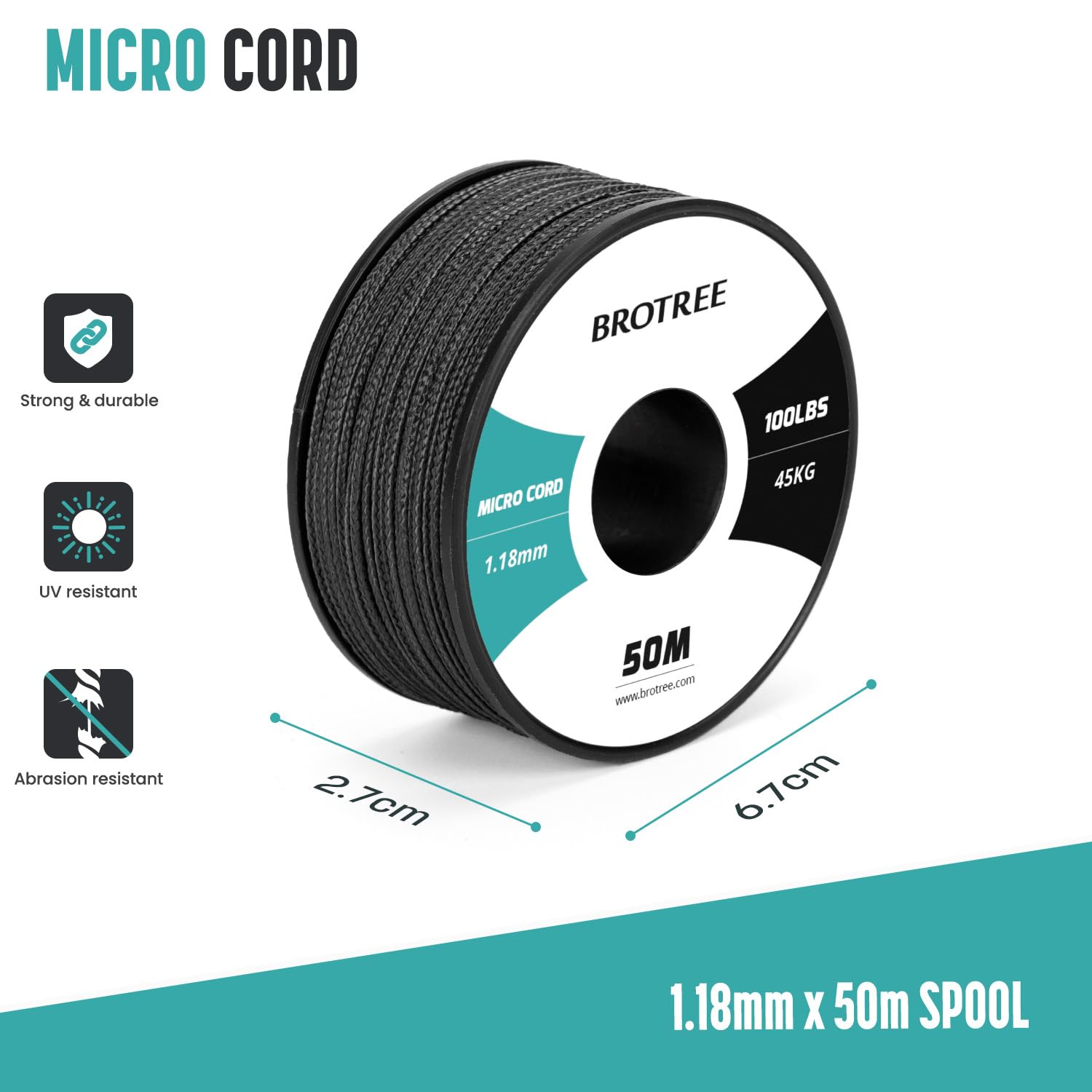 Brotree Micro Cuerda Paracord 1,18mm 50M Bobina para Pulsera, Bricolaje, Manualidades - 45 kg Charge de Rupture (Negro)