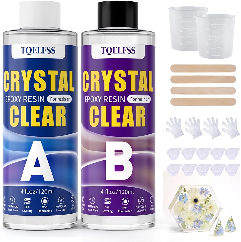 Epoxy Resin Kit 8 OZ, Clear Epoxy Resin (4 OZ×2), Fast Curing, Self Leveling, No Yellowing Casting Resin for Jewelry Making, Resin Molds, Flower Preservation, Easy Mix 1:1