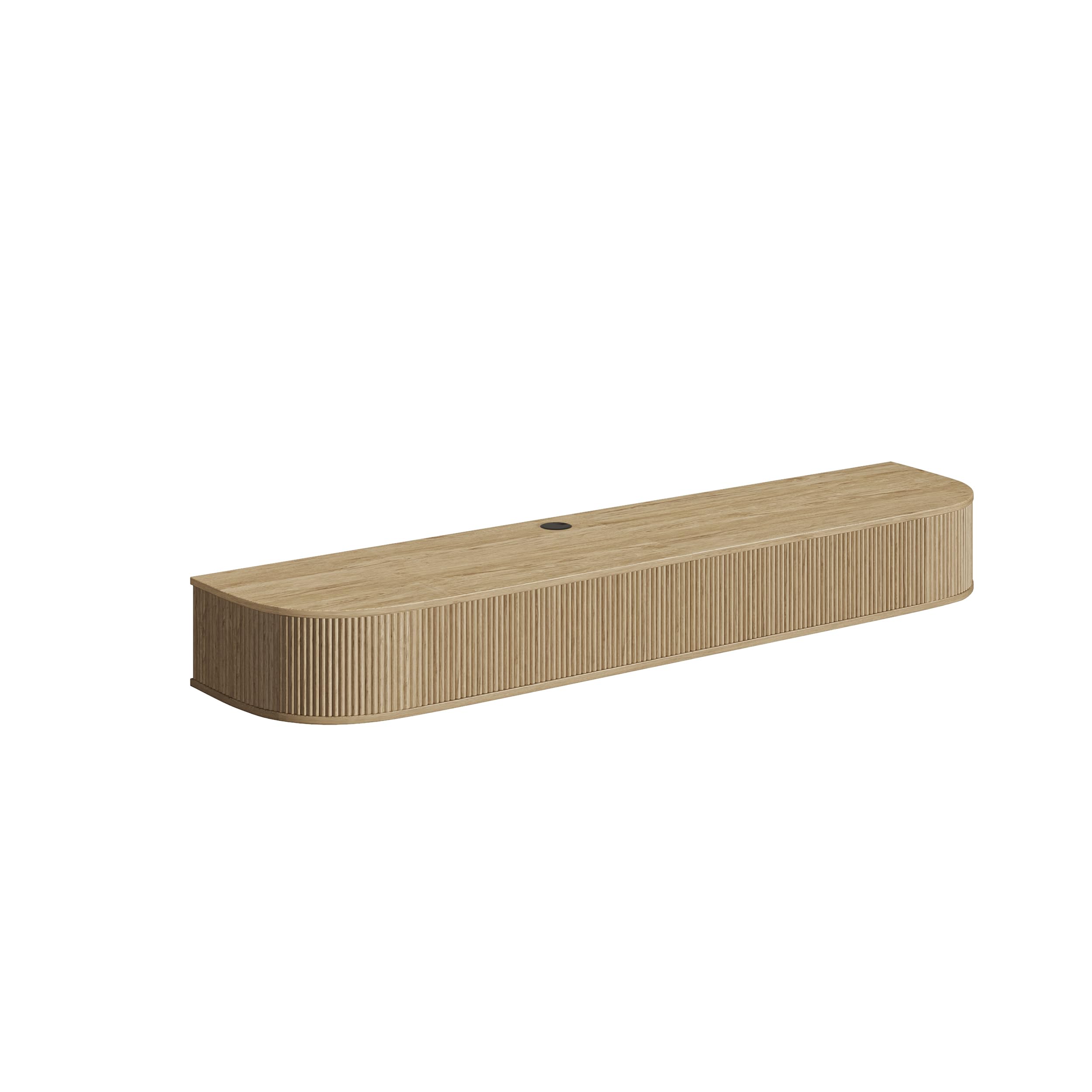 Hängendes TV Lowboard 140 cm lang Buche Holzoptik Modern | Schwebender TV Schrank für 45–55 Zoll Fernseher, sanft abgerundete Ecken & frontseitige Einfräsvertiefung, im Wohnzimmer