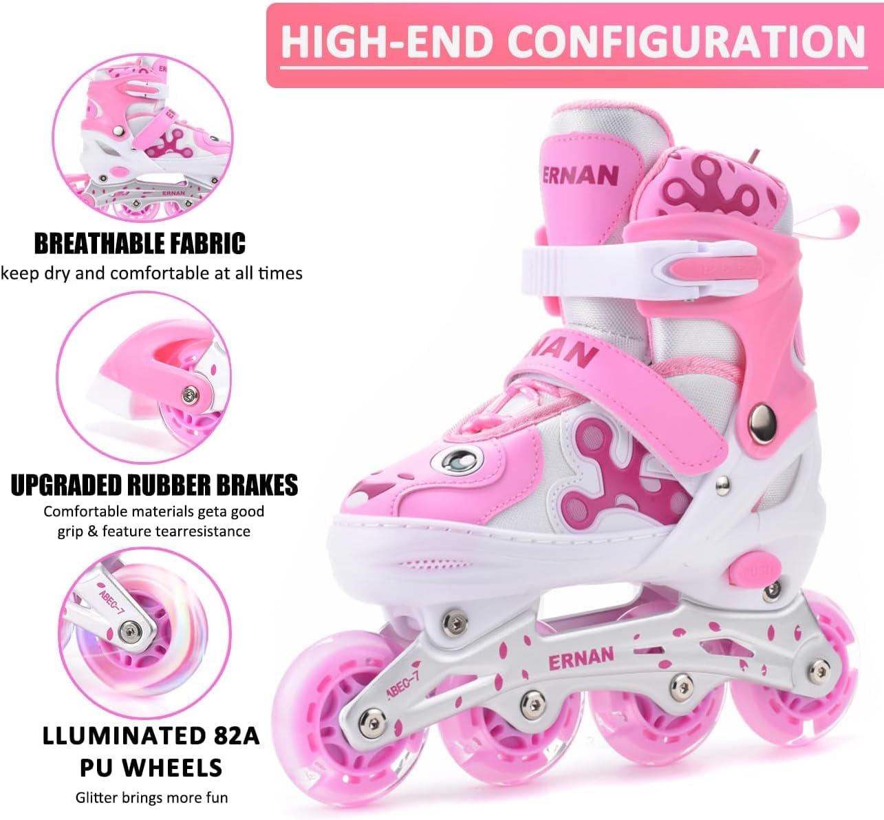 ERNAN Pattini in linea regolabili per bambini,Pattini in linea, pattini in linea per bambini con ruote illuminate, Per ragazze e ragazzi, per uso interno ed esterno