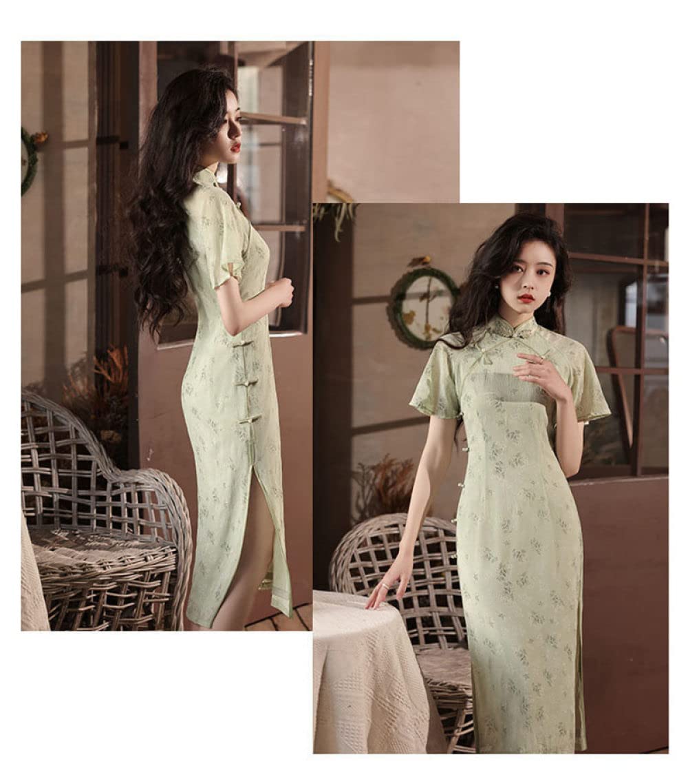 Cheongsam pour Femmes,Imiter La Robe Cheongsam en Satin Rétro Décontracté Manches Courtes Lâche Robe Midi Mince Fleur Verte Robe De Cocktail Qipao Jacquard Robe De Soirée Moulante pour Les Femm