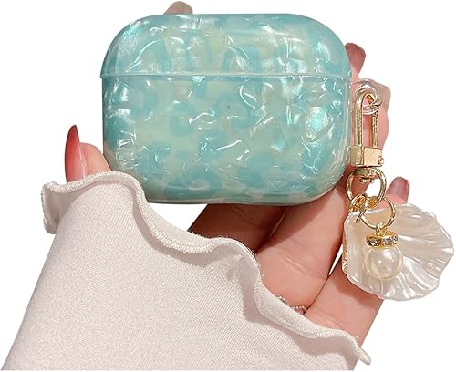 Bonita funda para Airpod Pro 2 con llavero de perla de lujo, funda protectora de poliuretano termoplástico duro de leopardo, compatible con AirPods