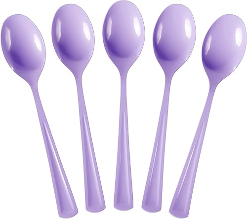 Cucharas desechables de plástico de lavanda, 100 piezas, cubiertos desechables de plástico lavanda resistente, cubiertos desechables de lavanda,