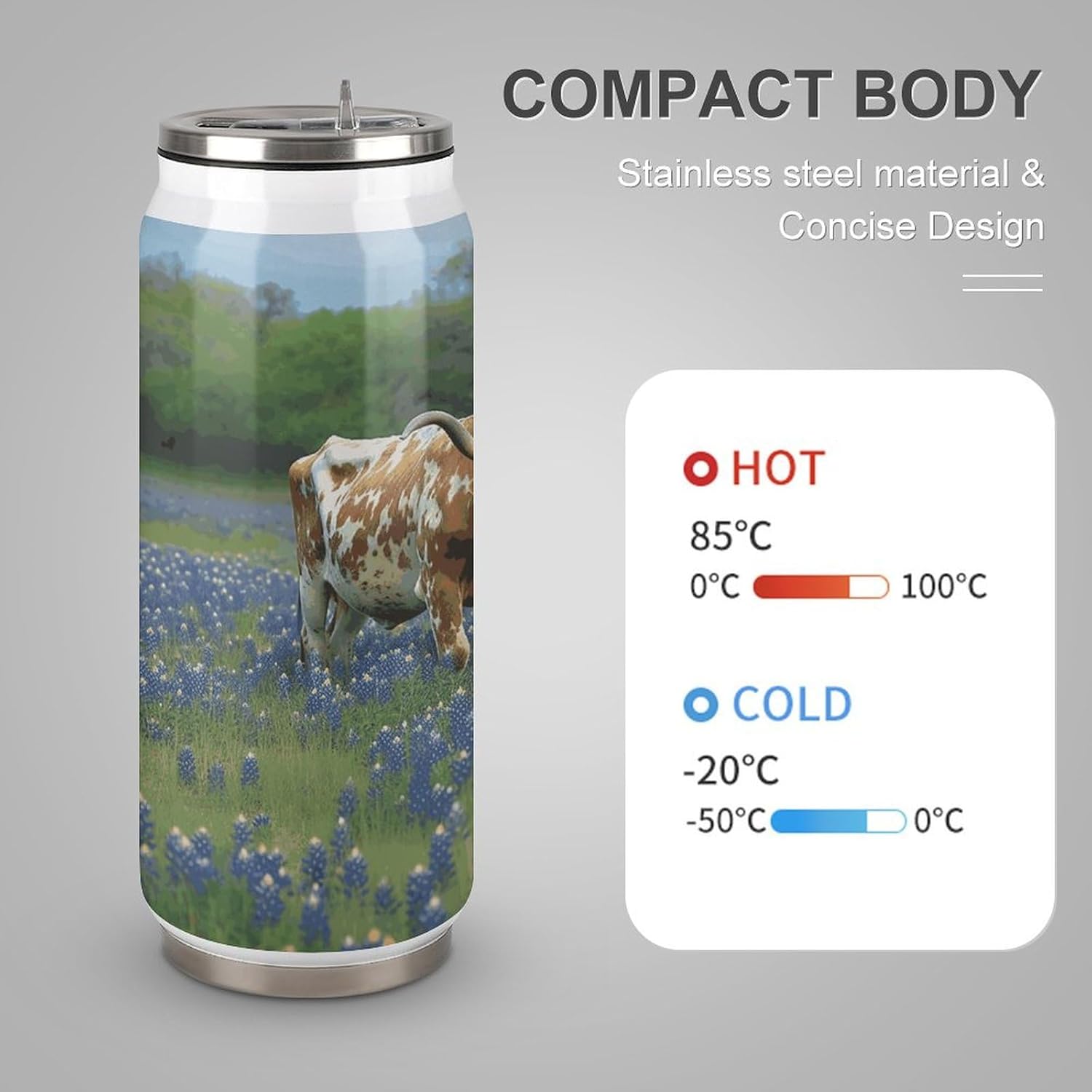 Stainless Steel Cups Bluebonnet Longhorn Printed Coke Cup Stainless Steel Insulated Cups with Lid And Straw