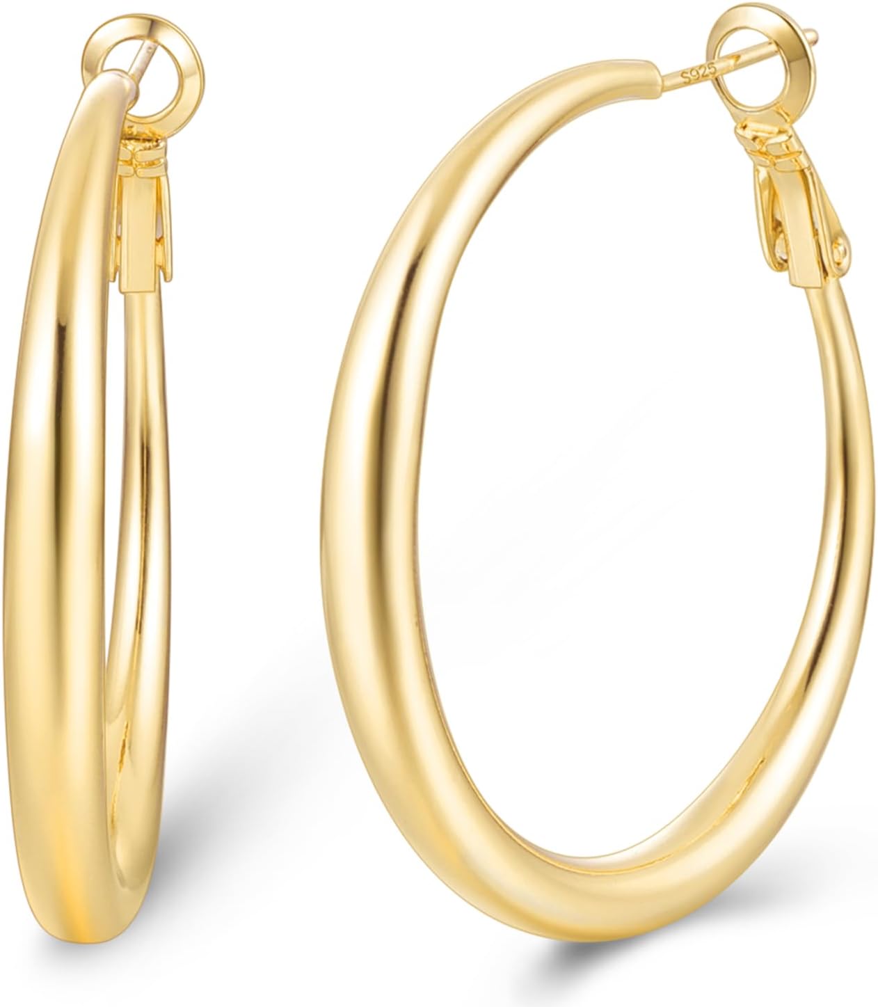 Jewlpire 14K Gold Plated Hoop Earrings with 925 Stering Silver Post, Lightweight Hoop Earrings for Women 30mm/40mm/50mm/60mm