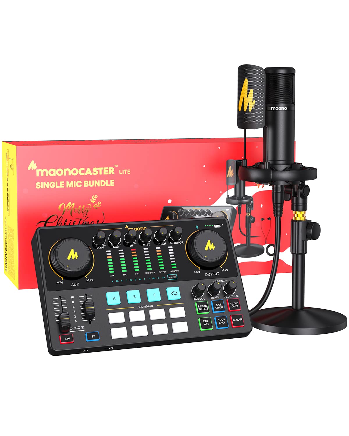 MAONOPodcast Equipment Bundle-Audio Interface-XLR Condenser Microphone- Caster-All in One-Podcast Production Studio for Podcast Recording, Streaming(AME2A Christmas gift bundle)