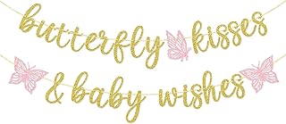 Butterfly Kisses and Baby Wishes Banner, Butterfly Themed Baby Shower Decorations for Girl, Pre-assembled, Gold Glitter