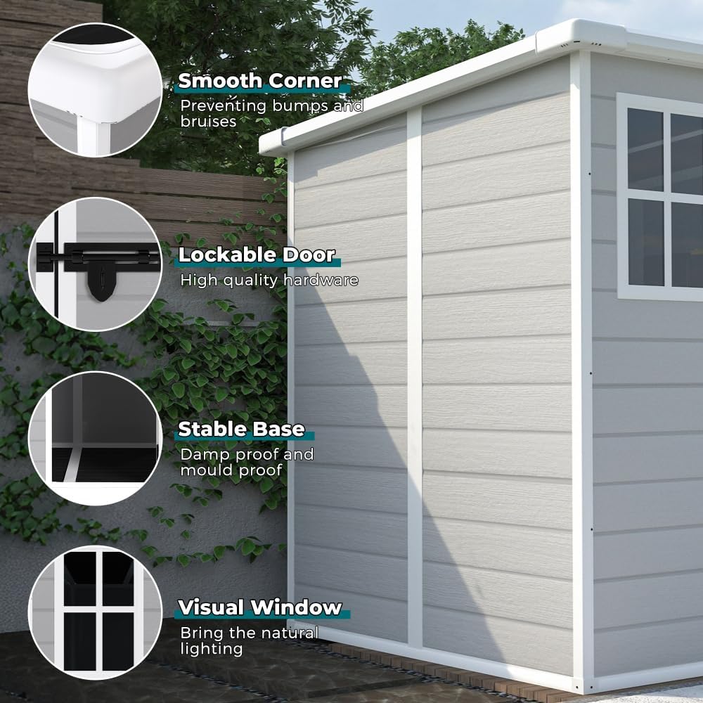 6x6 FT Storage Shed, Waterproof Resin Outdoor Storage Shed with Floor & Window & Lockable Doors and Vents, Light Grey (Gray + Polypropylene + Garden & Outdoor)