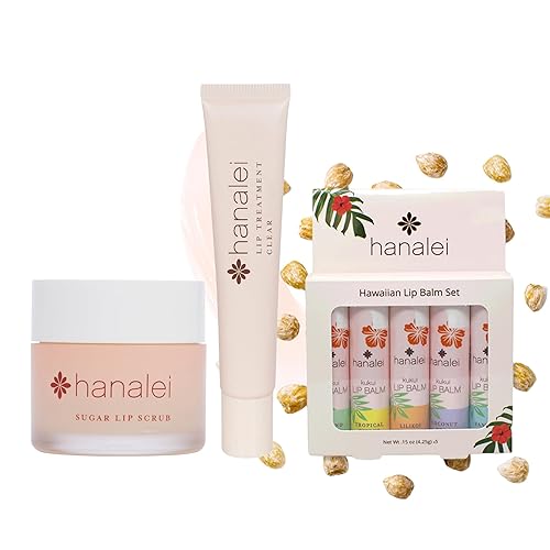 Hanalei Sugar Lip Scrub AND Kukui Oil Tratamiento labial 0.53 oz Clear AND 5 piezas Tropical Lip Balm Set | Fabricado con botánicos hawaianos |