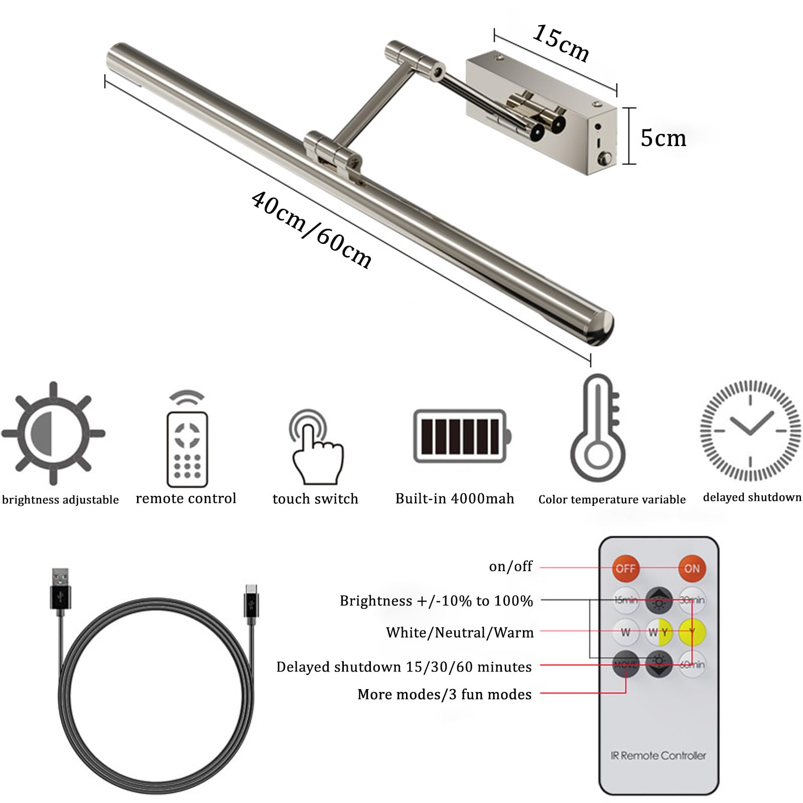 LED Spiegelleuchte Bad Akku Wandleuchte mit Fernbedienung Touch Steuerung Dimmbar Wandbeleuchtung USB Aufladbar Bildbeleuchtung Wandleuchten für Spiegelschrank Badezimmer Wohnzimmer (Silber,40cm)