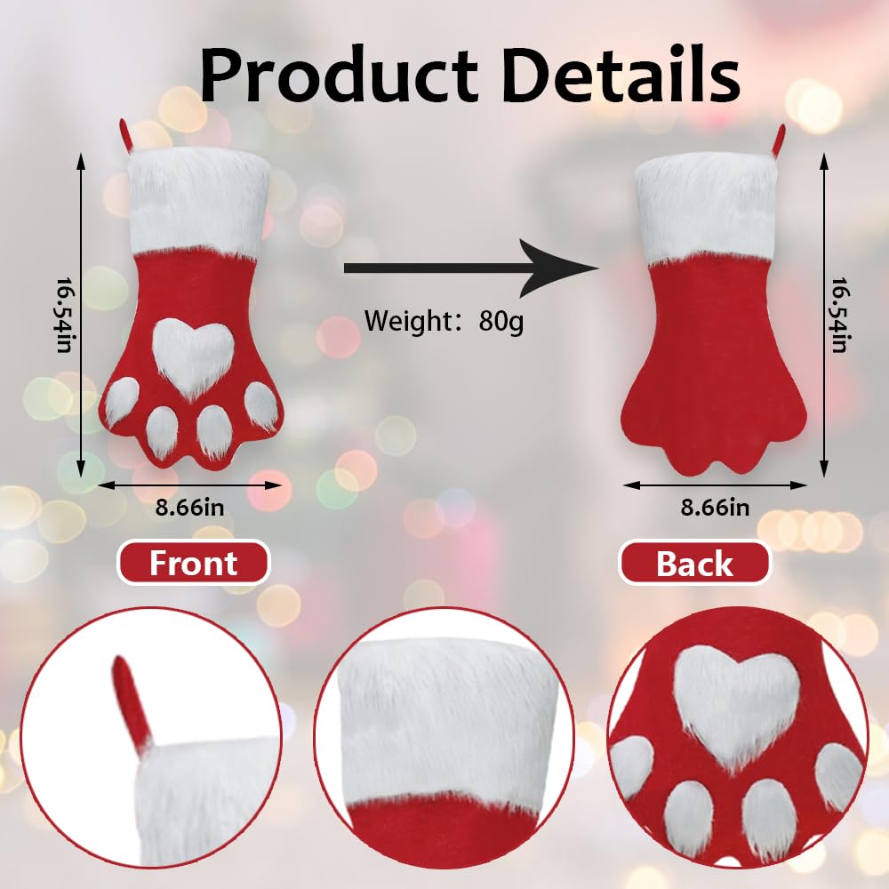 Hying Large Christmas Stockings Xmas Stockings with Dog's Paw Winter Fuzzy Stocking Decorations Red Velvet Gift Stockings for Home Hanging Ornaments Christmas Party Favor