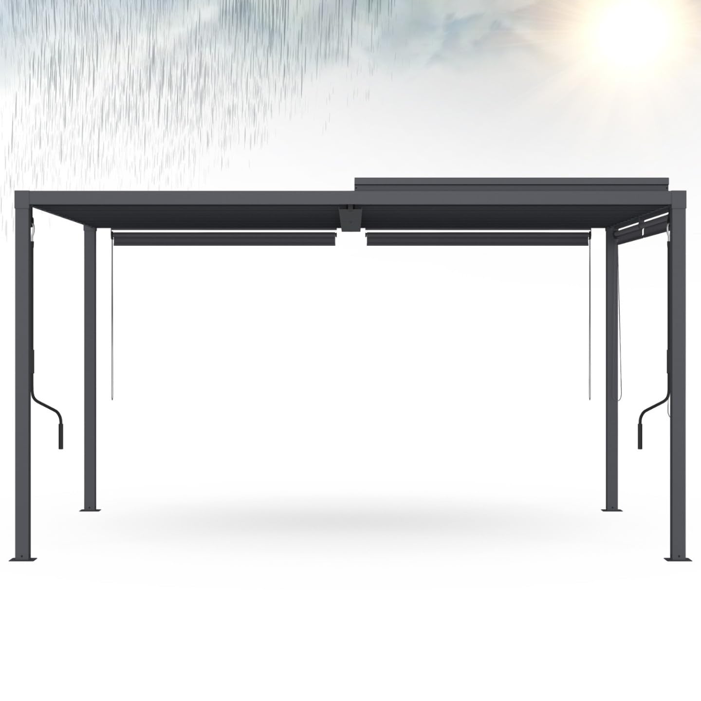 Pérgola bioclimática con lamas orientables de acero de 3x4 m y 4 toldos gris antracita