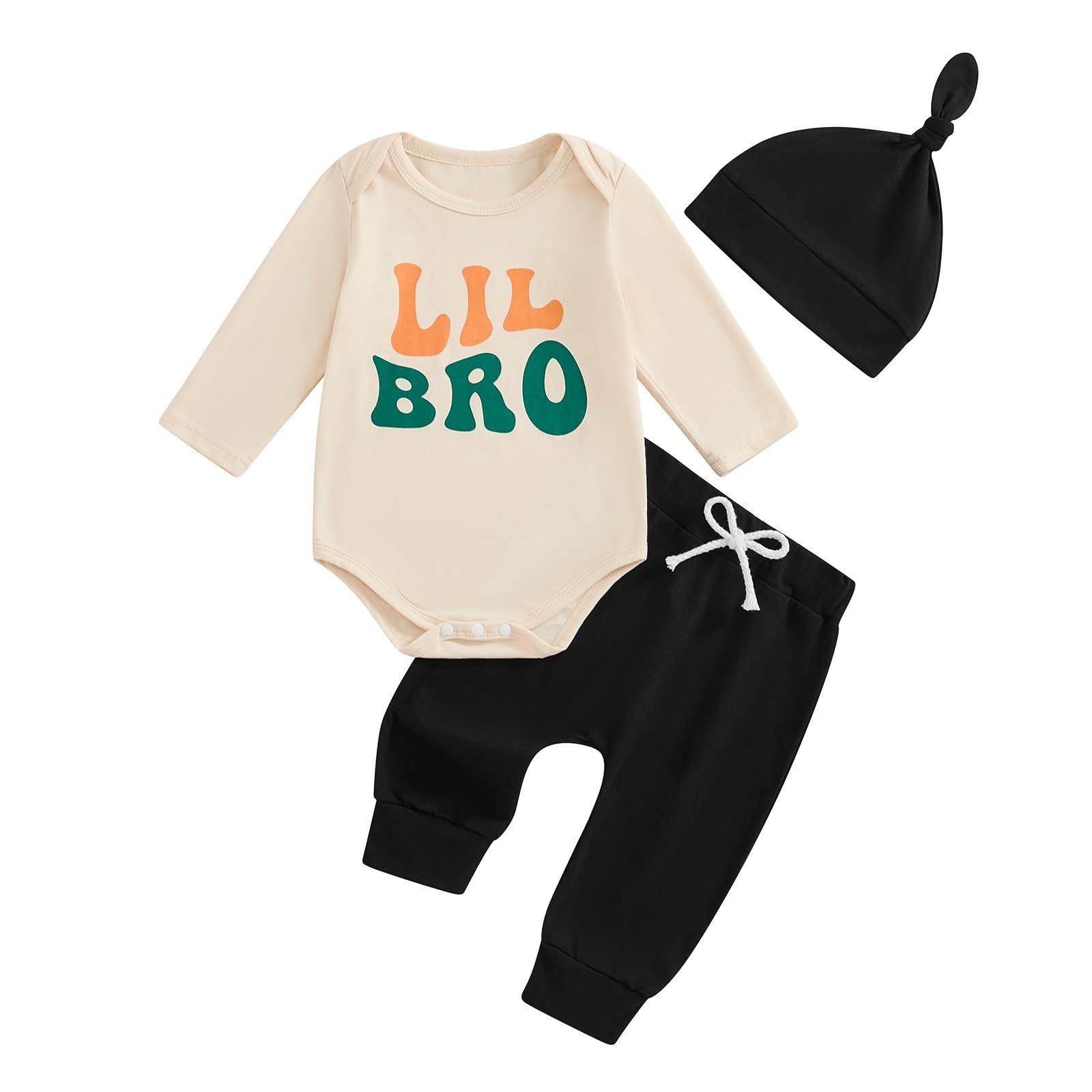 Bonangber Little Brother Newborn Outfit Letter Long Sleeve Romper Little Brother Onesie Casual Pants Set Little Brother Outfit(A-Black,6-12 Months)