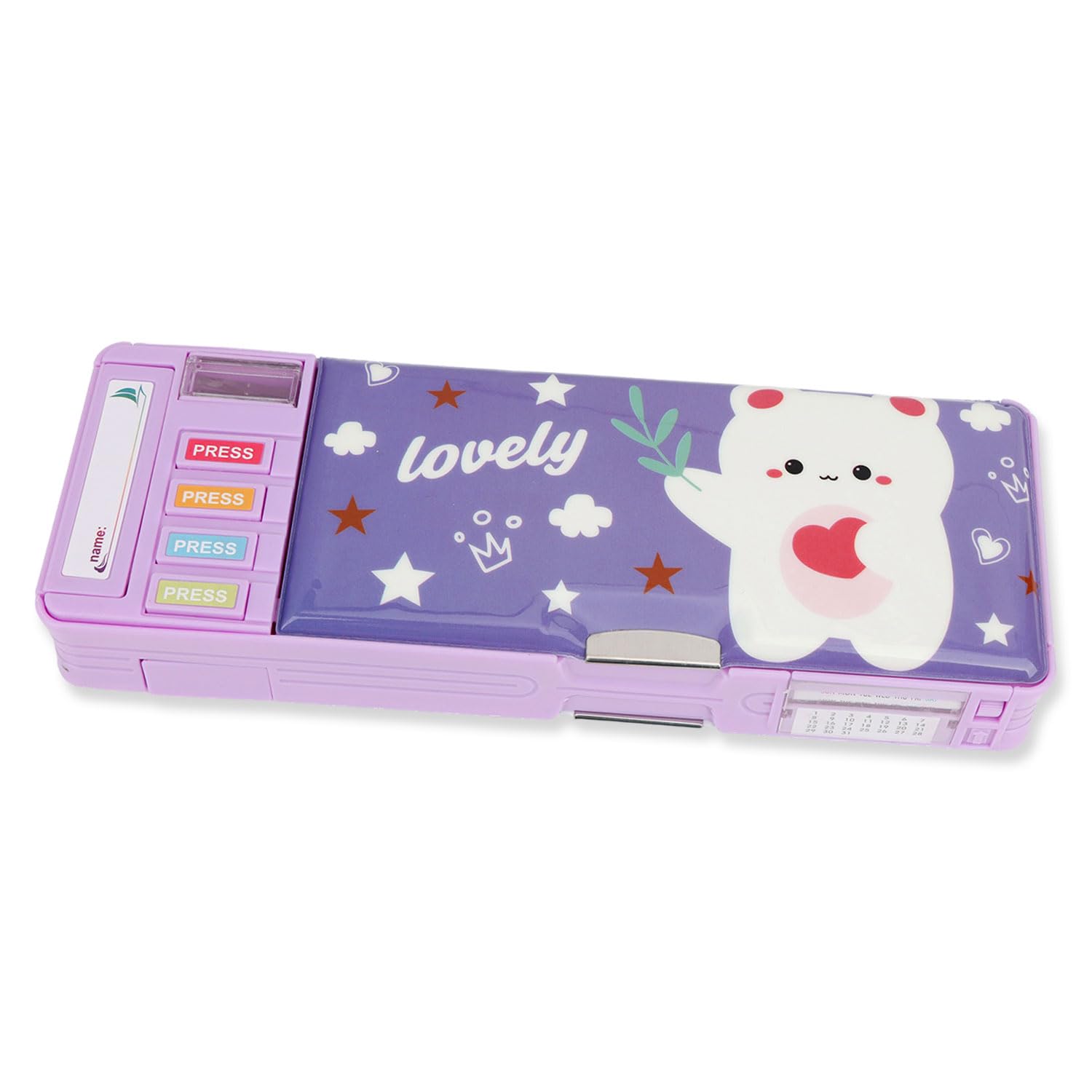 Interactive Pencil Case with Calendar and Sharpener, Dual Compartment Organiser with Timetable Slot, Cute School Supplies for Kids and Students, Bear