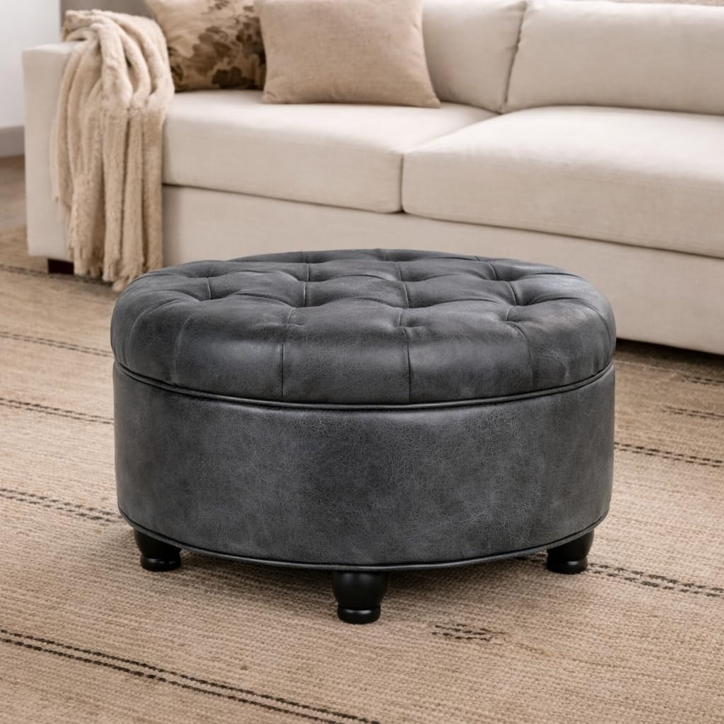Homepop Home Decor |Button Tufted Faux Leather Round Storage Ottoman | Ottoman with Storage for Living Room & Bedroom (Gray)