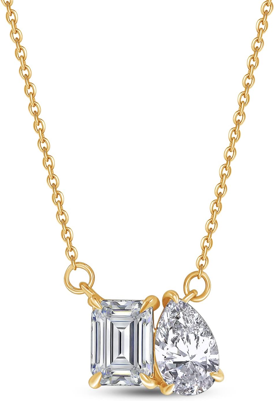 SAVEARTH DIAMONDS 1 3/5 CT 8X5MM Pear & 7X5MM Emerald Cut Lab Created Moissanite Diamond Toi Et Moi 2 Stone Pendant Necklace For Women In 14K Gold Over Sterling Silver With 18" Chain (VVS1, 1.75 Cttw)