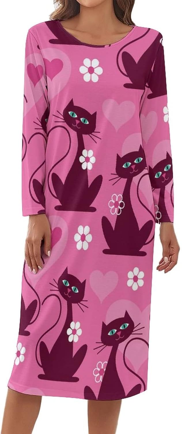Women’s Nightgown Silky Sleepwear Long Sleeve Sleep Shirt with Cartoon Cat Graphic Print