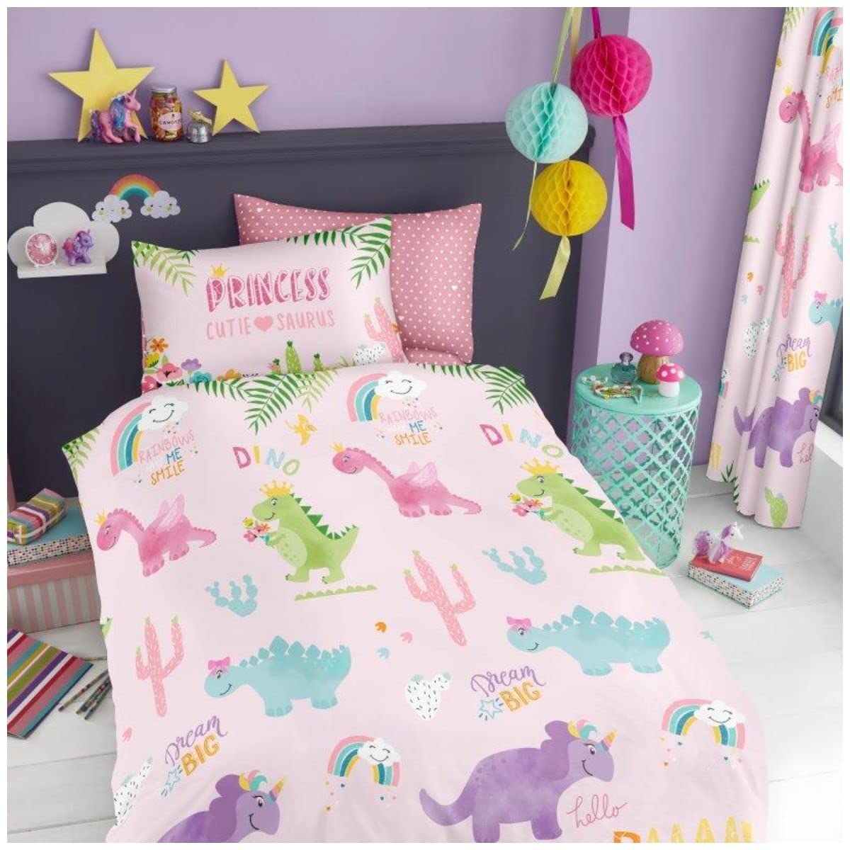 Lions Girls Cutie Saurus Kids Single Duvet Cover Set, Bedding With Matching Pillowcases, Ultra Soft Reversible Soft Quilt Covers, Dinosaur, Multicolour, 135X200cm