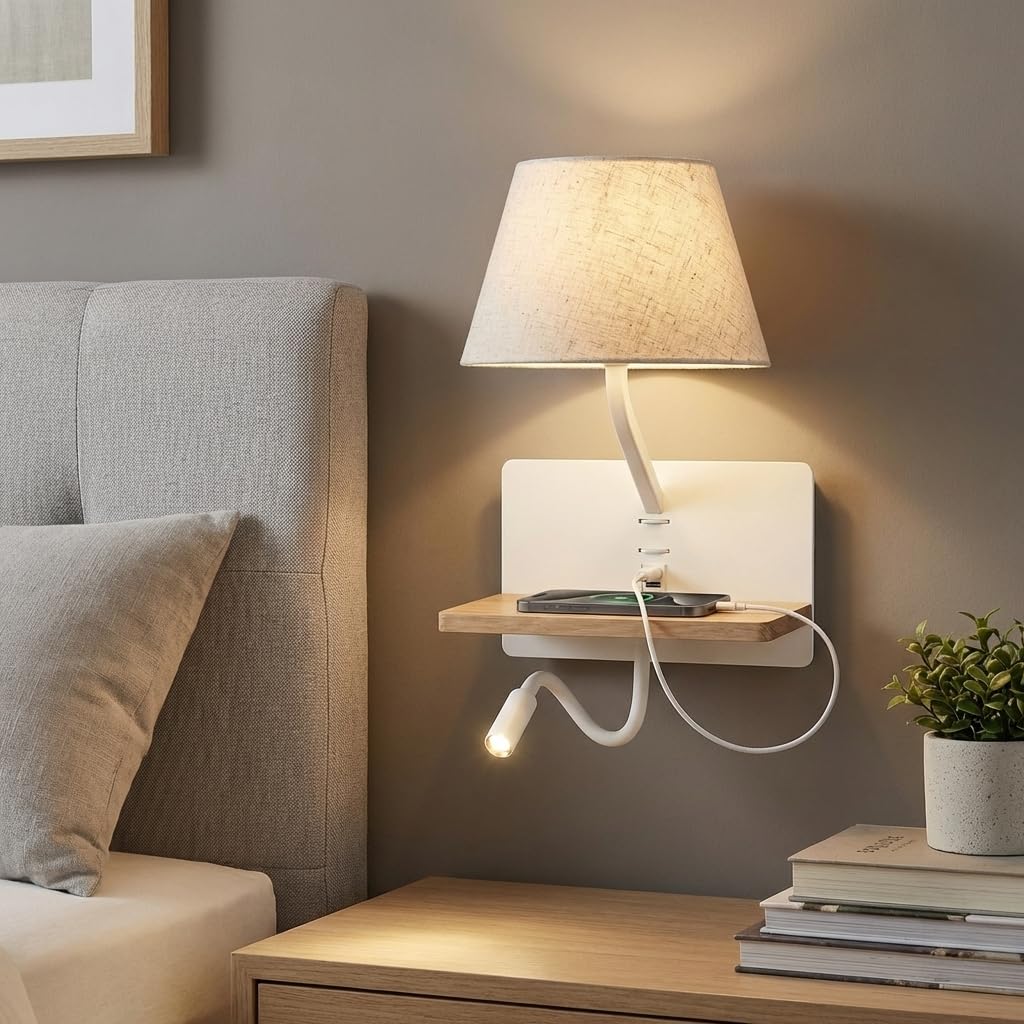 BARCELONA LED applique da parete con paralume in tessuto BEIGE, USB e USB-C ricarica, mensola in legno, luce lettura LED E27, stile naturale retrò industrial moderno minimalista classico camera