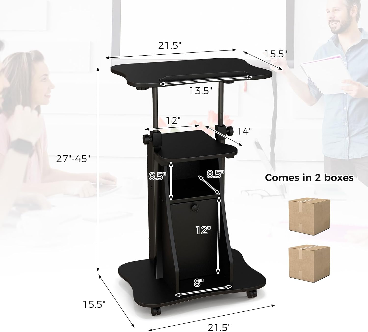 Giantex Mobile Podium Stand, Sit-to-Stand Laptop Cart with Tilting Tabletop & Storage Cabinet, Lockable Casters, Height-adjustable Rolling Lectern for Classroom, Church, Home Office (Black, 2 Pack)