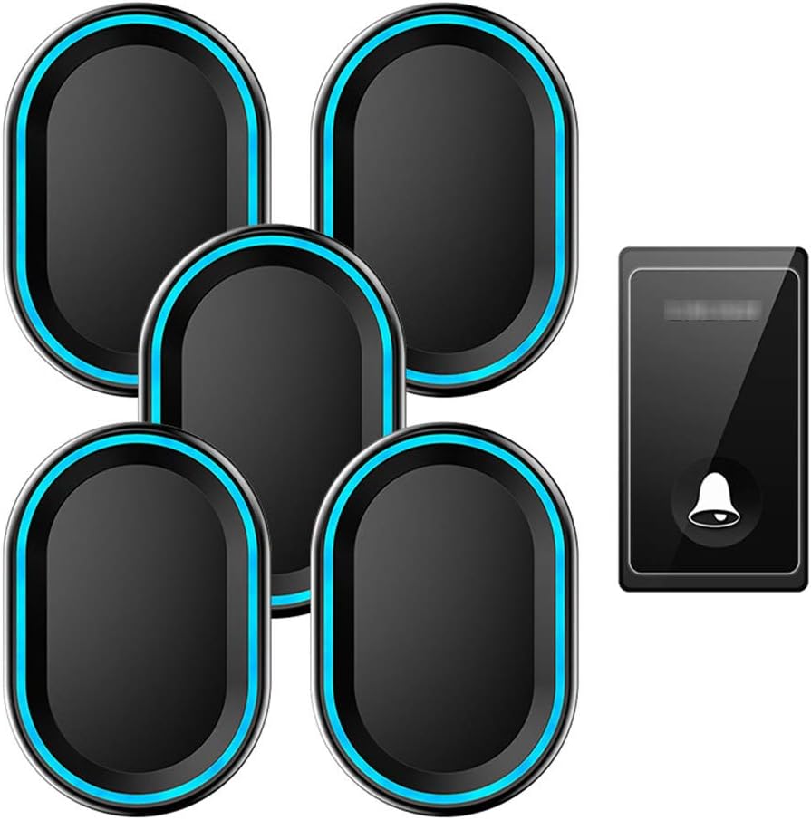 Wireless Doorbell,IP44 Waterproof Door Chime 1 Push Buttons and 5 Plug in Receivers with Blue Flash Light 4 Adjustable Volume Levels 58 Melodies,Fit for Home Office Store,1 (2 (2)