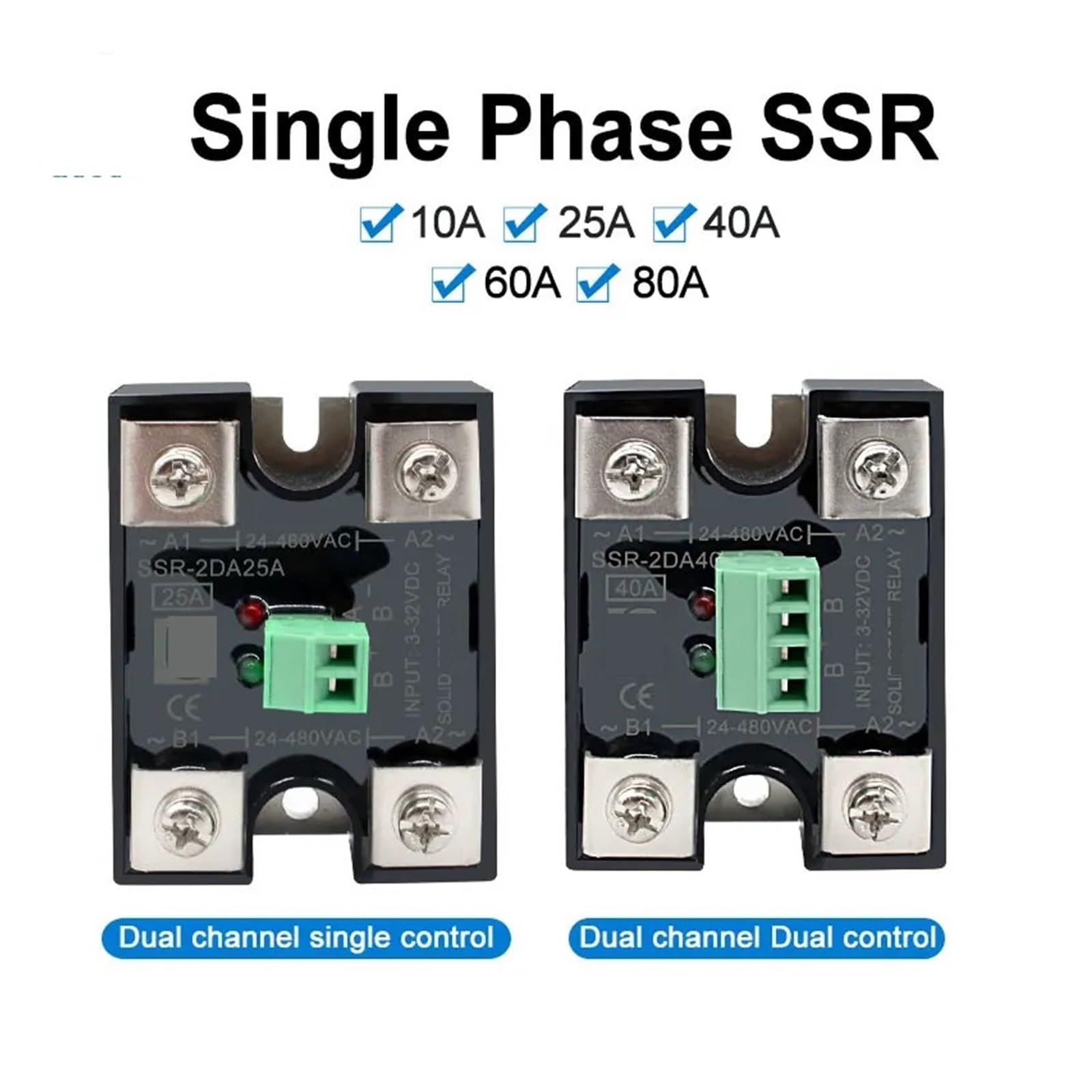 Relé de Estado sólido SSR monofásico de CC a CA de Doble Canal | Módulo SSR de control simple/doble 10A 25A 40A 24-480VAC(Dural control,25A)