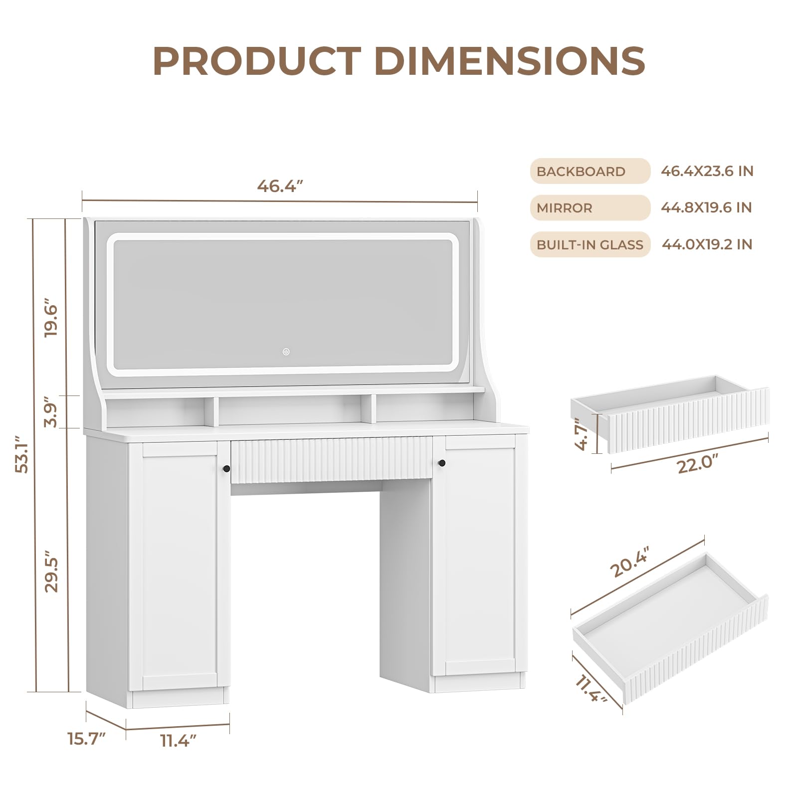Dripex Makeup Vanity Desk with Large Mirror LED Lights 46.5'' Vanity Table with Large Drawers Cabinets and Floating Open Shelf Lighted Mirror Dressing Table with Power Outlet and Charging Station