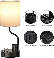 Vista 7 de Bedside Table Lamps for Bedroom Set of 2 - Nightstand Light with AC Outlet and USB A & C for Charging, 3 Color Temperatures, Study Desk Lamp with