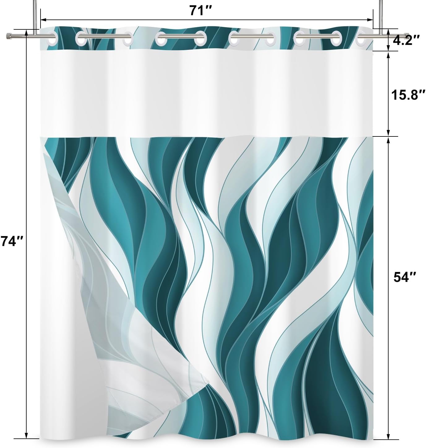 No Hook Shower Curtain with Snap in Liner, Hotel Style Modern Abstract Blue Ombre White Striped Minimalist Art Shower Curtain Waterpoof Washable with See Through Top Window,71"x74"