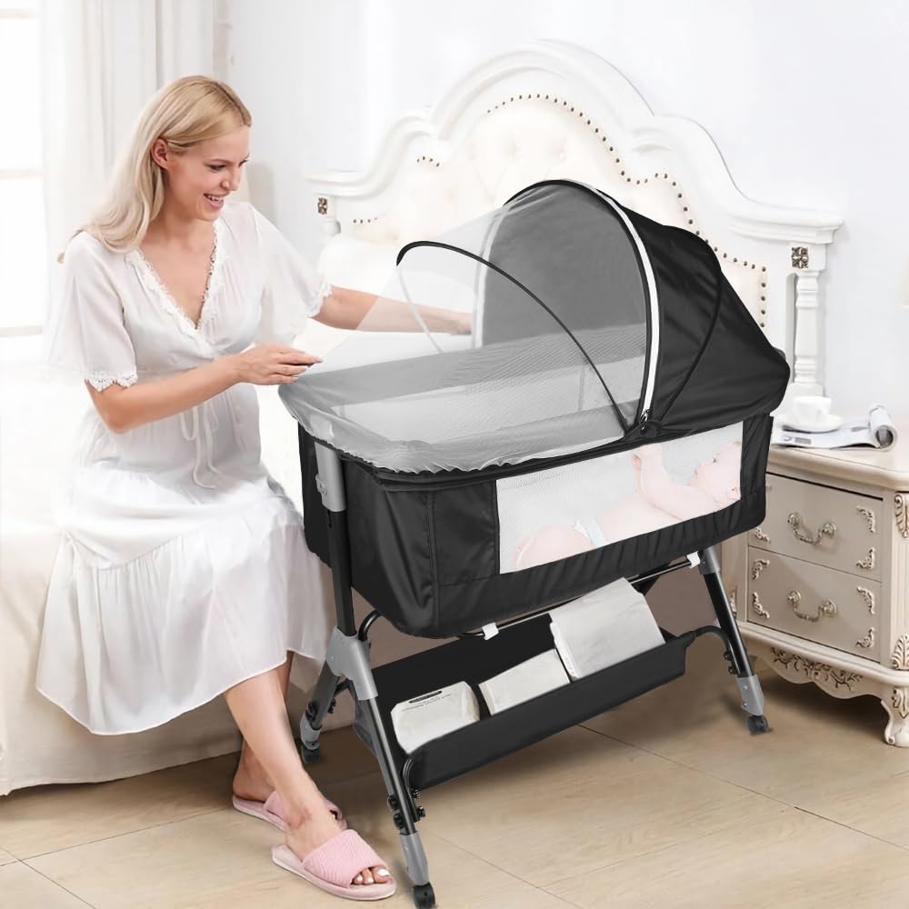 OHMG Bassinet Śpiwór 3 w 1, składane łóżeczko dziecięce, rocking bassinet z materacem i prześcieradłami, regulowana wysokość, zdejmowana oddychająca osłona, łatwe do złożenia (czarny (104 x 52 x 103