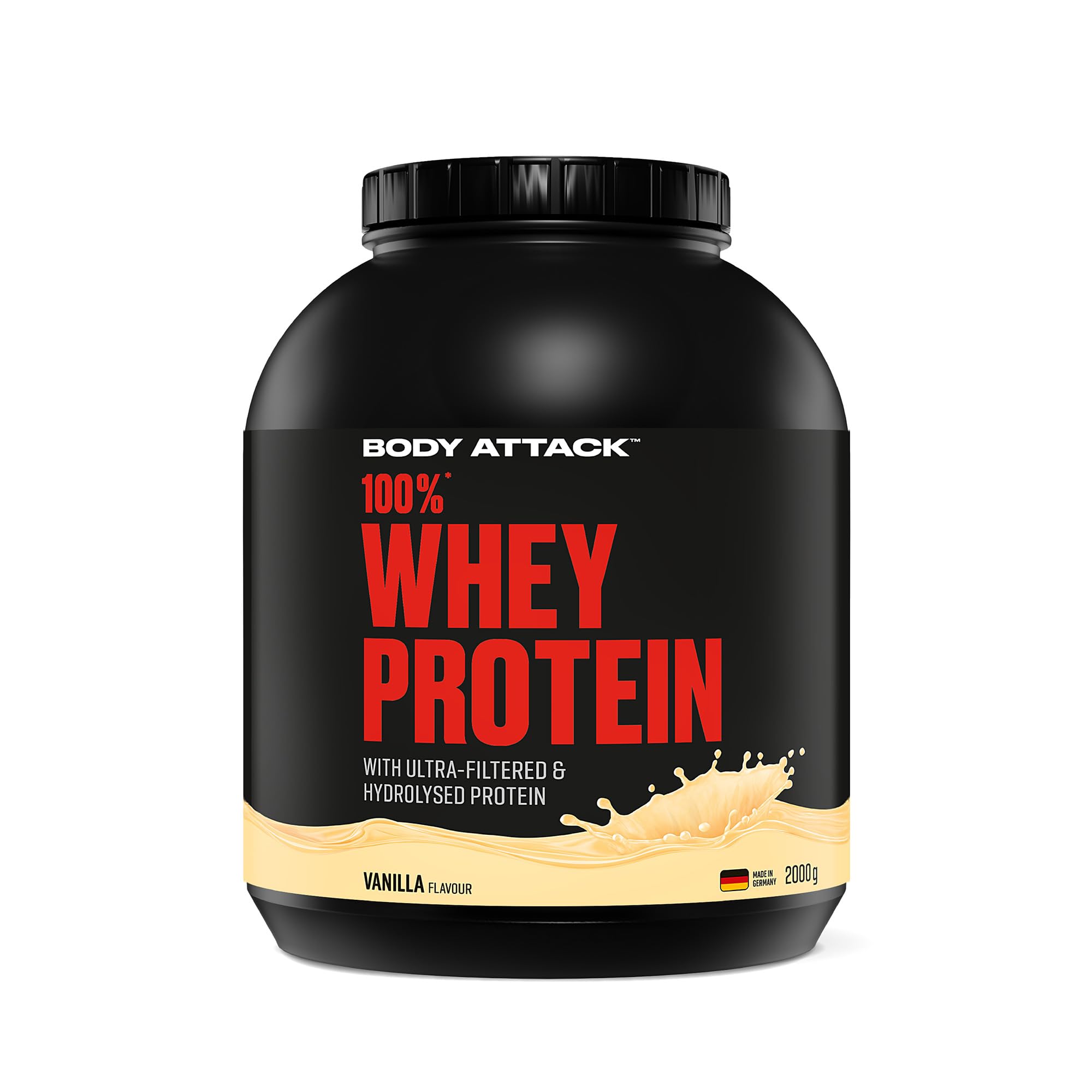 Body Attack 100% Whey Protein Vanilla, 2 kg - Made in Germany - extra cremiges Eiweißpulver mit Hydrolysat und BCAA´s, unterstützt Muskelaufbau und Diäten, für alle Sportler & Athleten