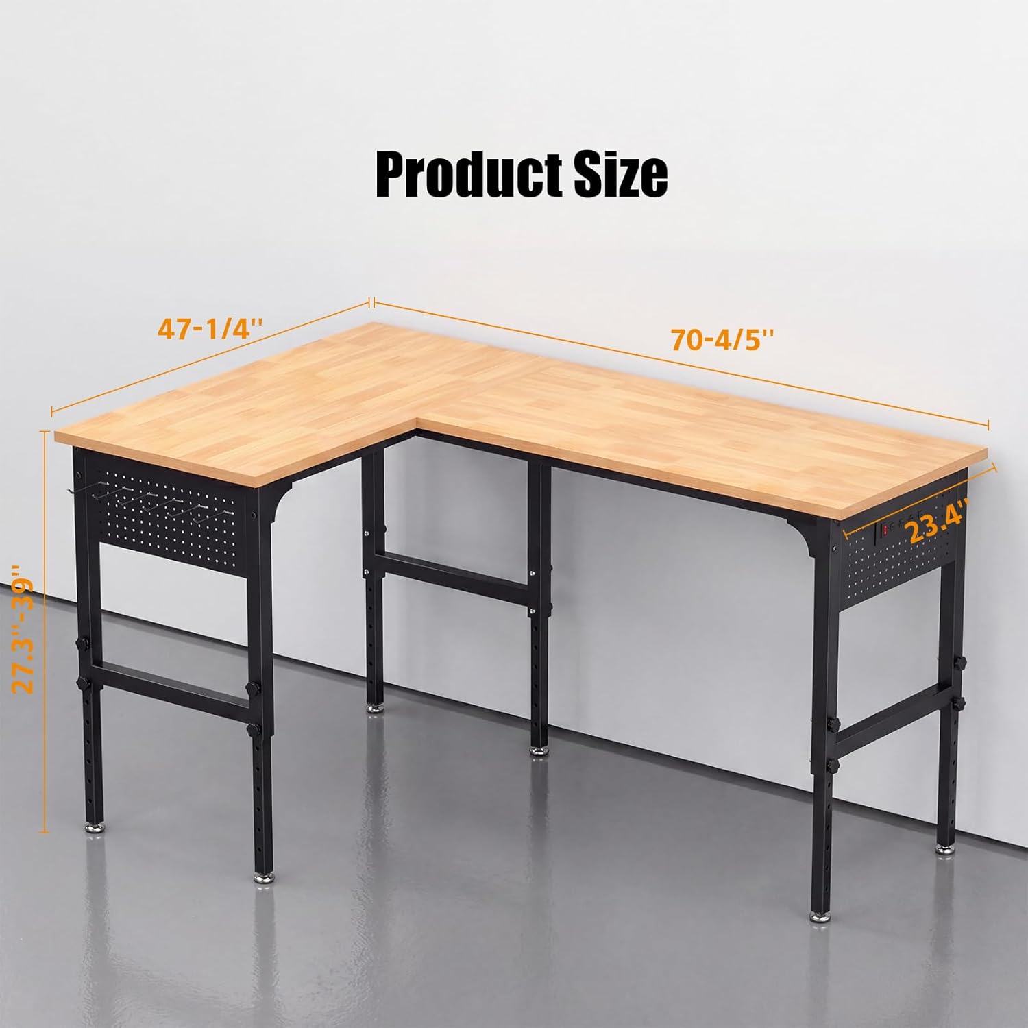70"x47" L-Shaped Heavy Duty Work Bench, 3300 LBS Load Capacity Heights Adjustable Workbench, Work Benches for Garage with Power Outlet & Pegboard, Rubber Wood Work Table for Office, Workshop, Home
