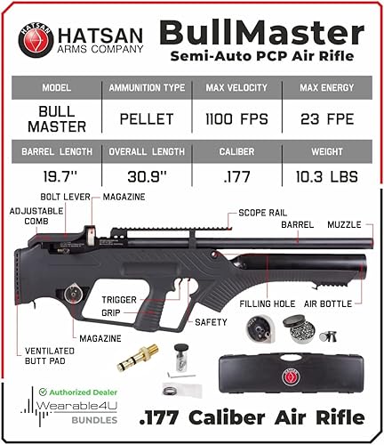 Vista 3 de Wearable4U Hatsan BullMaster Semi-Auto PCP Air Rifle with Included Bundle Gránulos calibre .177 7.48 Granos,Rifle de aire cali.25+alcance+objetivos