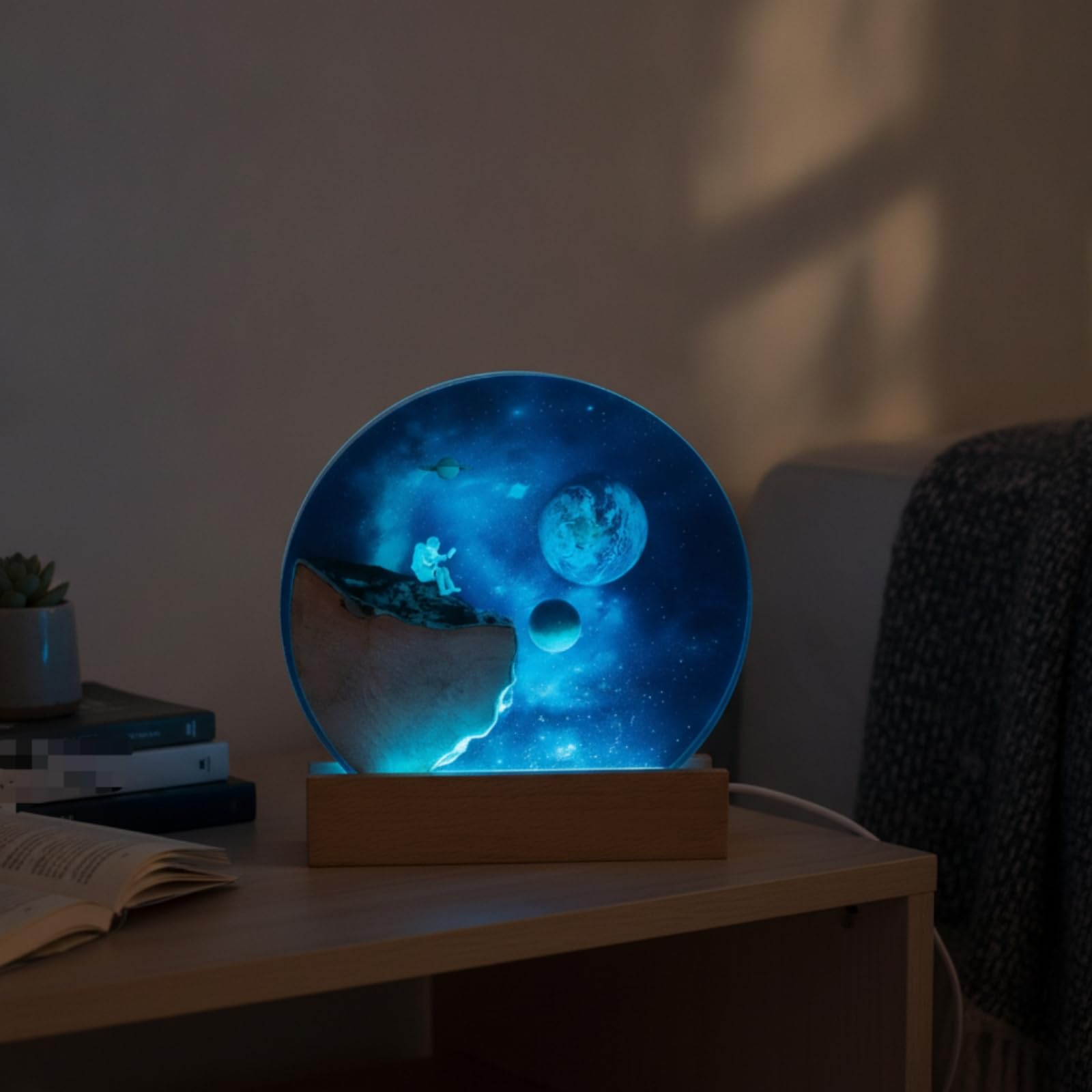 rockible Universum-Nachtlicht mehrfarbig Epoxidharz-Lampe mit Holzsockel sanft Harzlampe für Kinderzimmer
