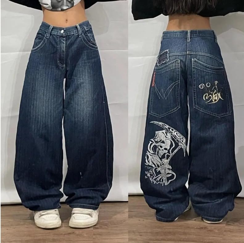 Unisex Y2K Hip Hop Street Jeans Skeleton Print Gothic Baggy Jeans Vintage High Waist Denim Jeans Wide Leg Pants2