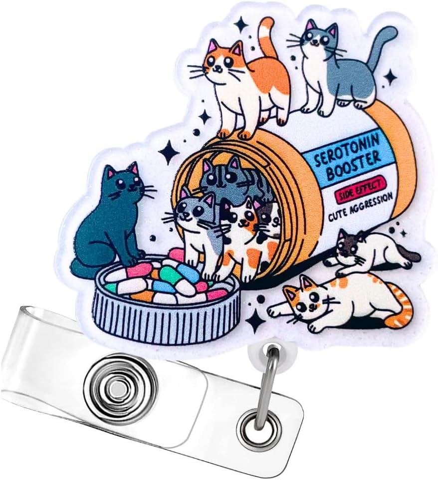Cat Badge Reel Funny Nurse Cats Mom Lovers Retractable Clip Holder Happy Pills Booster Cute Nursing Vet Tech Technician Veterinary Pharmacy Mental Health RN Medical Worker Office Accessories Gifts
