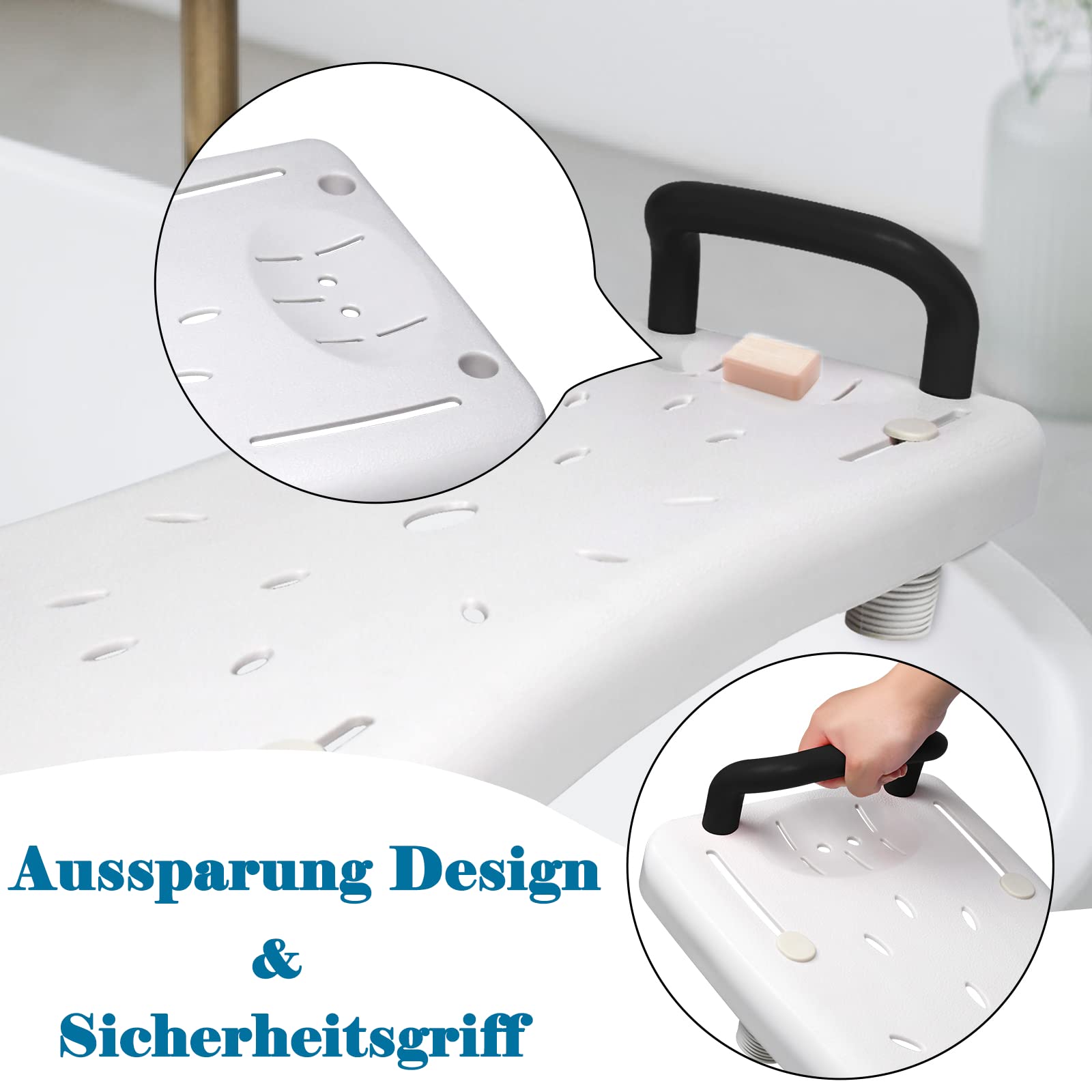 LILIIN Badewannenbrett 70cm lang, Badewannensitz Senioren Wannensitz Sitzbrett mit Seifenablage und Schwarz Haltegriff, Stuhl für Badezimmer, bis max.150kg
