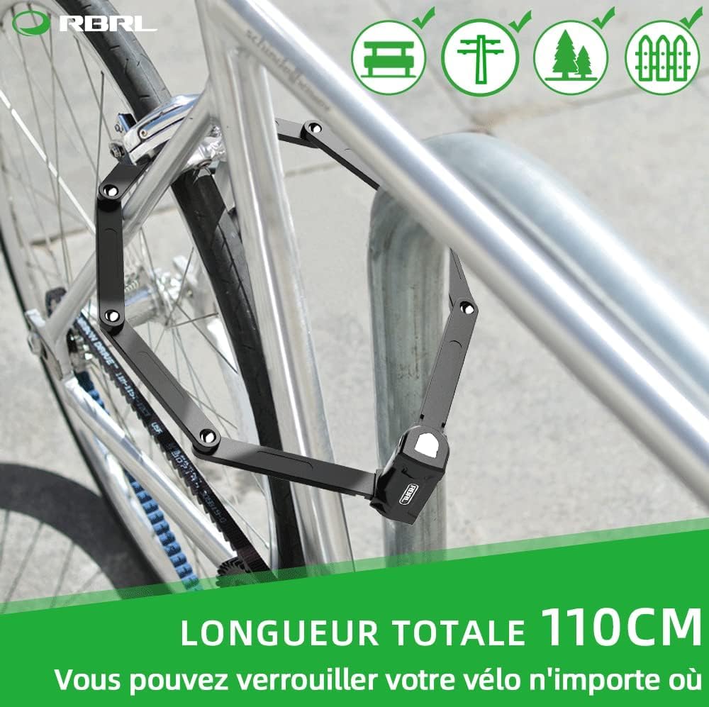 RBRL Antivol Velo Antivol Velo Pliable,Haut Niveau de Sécurité, 110cm, Avec Support et 4 Clés,Antivol de Vélo pour VTT, Bicyclette, Scooters, etc